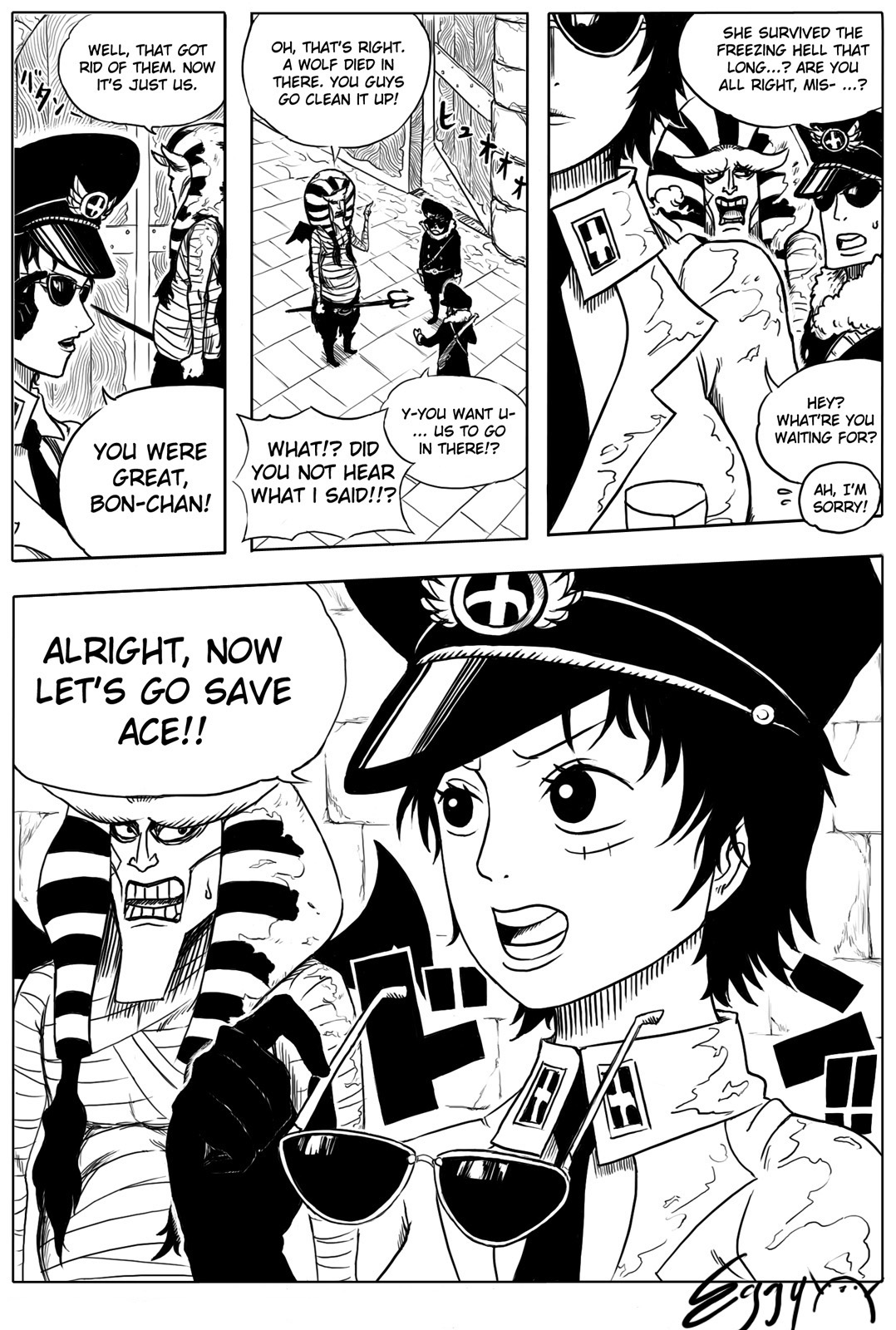 bon clay, monkey d. luffy, one piece, highres, spoilers, 1girl, 2boys, april fools, comic, english text, genderswap, genderswap (mtf), glasses, gloves, greyscale, hat, military, military uniform, monochrome, multiple boys, necktie, peaked cap, scar, short hair, sunglasses