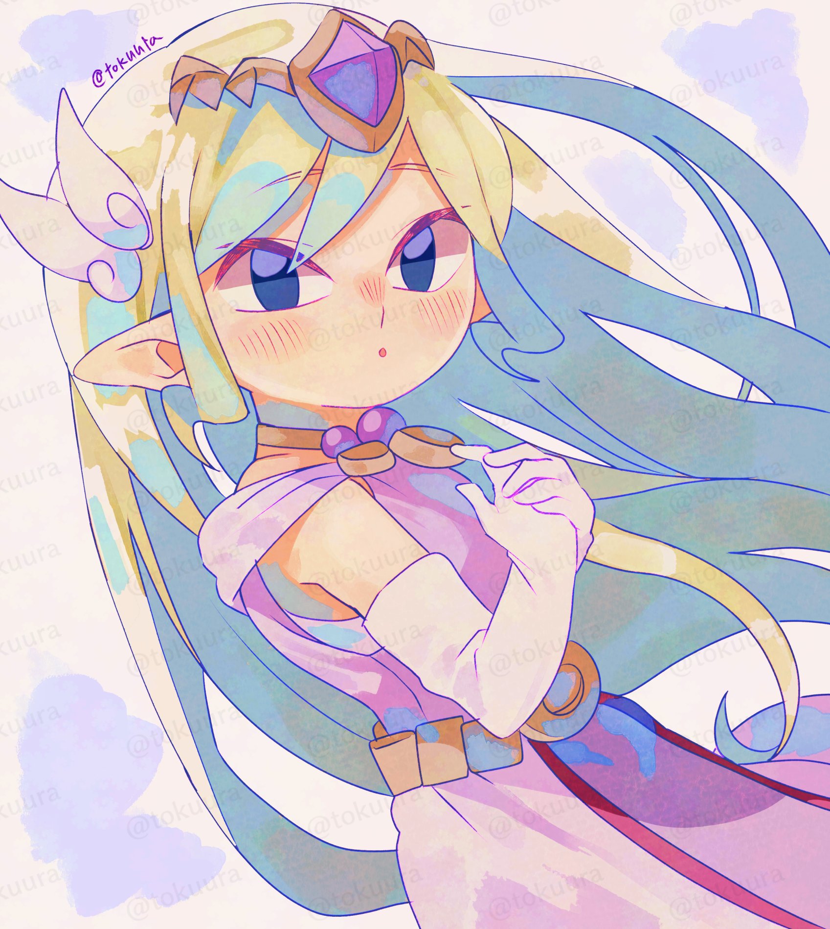 tokuura, princess zelda, toon zelda, nintendo, the legend of zelda, the legend of zelda: spirit tracks, adversarial noise, highres, 1girl, artist name, black eyes, blonde hair, circlet, dress, elbow gloves, gem, gloves, hair ornament, light blush, long hair, looking at viewer, own hands together, parted lips, pink dress, pointy ears, purple gemstone, solo, twitter username, watermark, watermark grid, white gloves