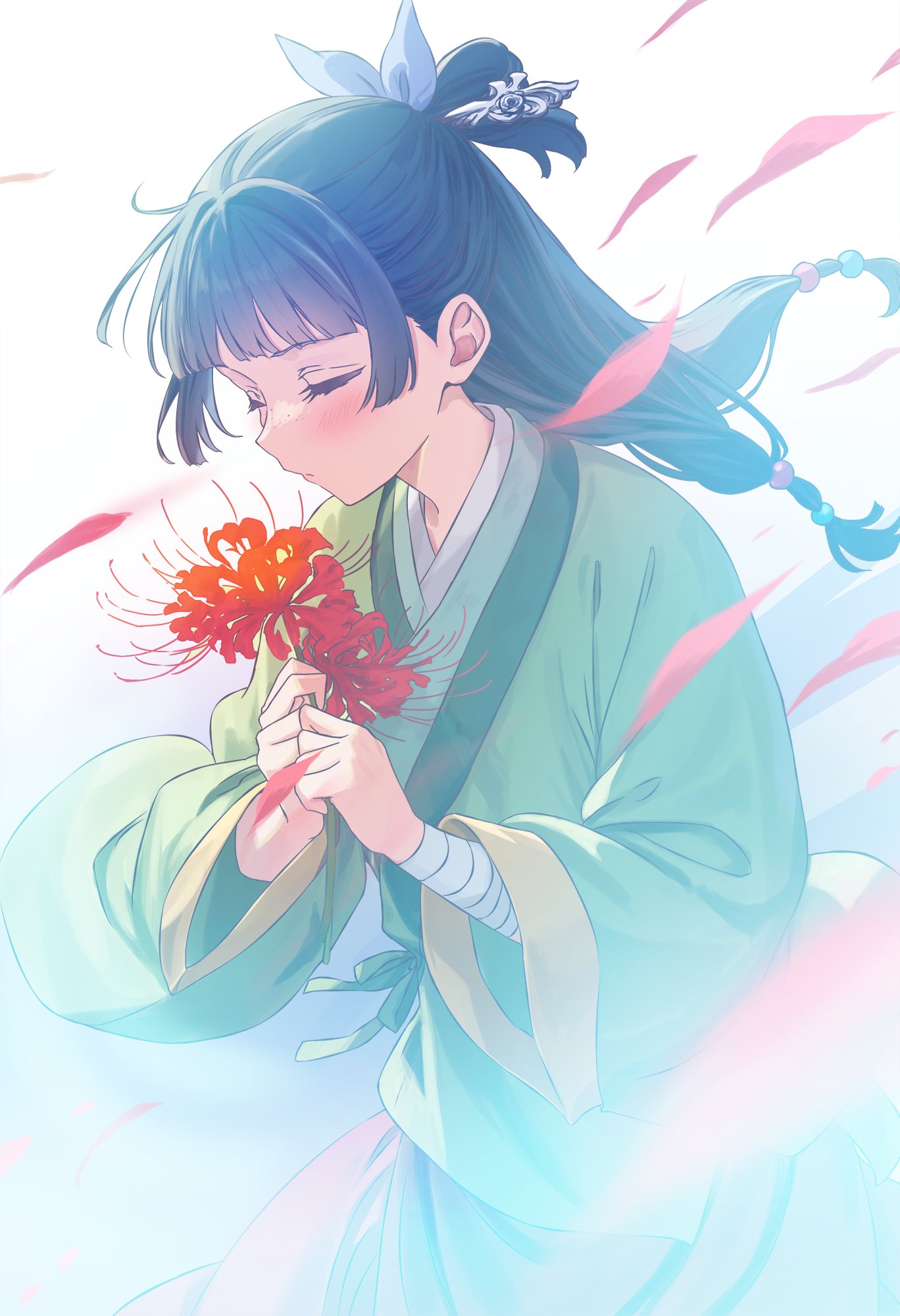 cutlass (classic chocolate), maomao (kusuriya no hitorigoto), kusuriya no hitorigoto, highres, 1girl, bandaged wrist, bandages, beads, blue ribbon, blunt bangs, blush, chinese clothes, closed eyes, falling petals, flower, freckles, green hair, green shirt, hair beads, hair ornament, hair ribbon, half updo, holding, holding flower, petals, pink skirt, red flower, red petals, ribbon, shirt, sidelocks, skirt, solo, spider lily, upper body
