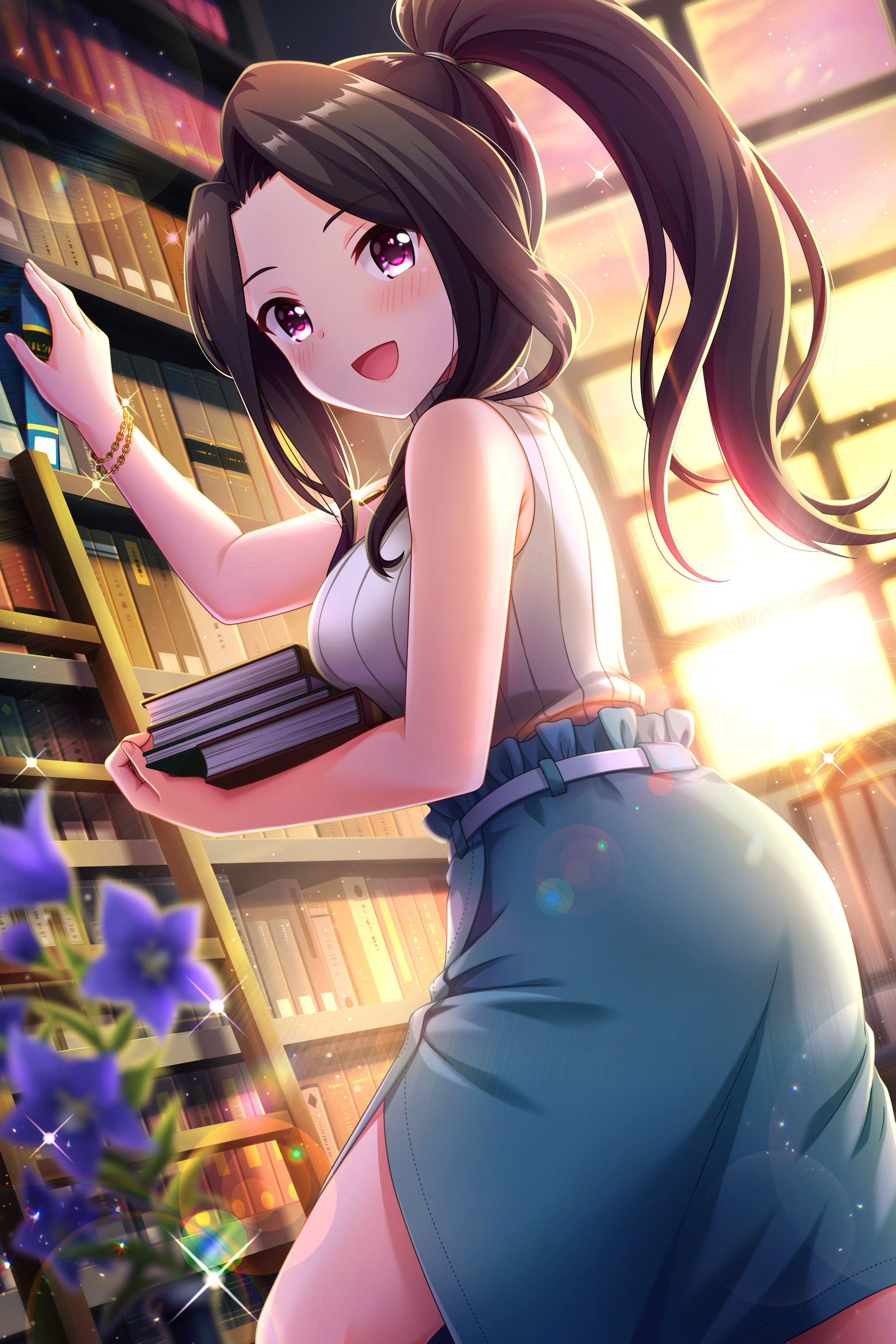 saionji rei, alternative girls, absurdres, commentary request, highres, official art, second-party source, 1girl, :d, apron, aqua skirt, ass, bare shoulders, black hair, blurry, blurry foreground, blush, book, book stack, bookshelf, bracelet, breasts, chain, chain bracelet, dutch angle, evening, flower, from side, gold bracelet, gold chain, hand up, high-waist skirt, high ponytail, holding, holding book, indoors, jewelry, ladder, large breasts, lens flare, long hair, looking at viewer, looking to the side, open mouth, ponytail, purple eyes, purple flower, ribbed shirt, shirt, side slit, skirt, sleeveless, sleeveless shirt, smile, solo, sparkle, sun, waist apron, white shirt, window, wooden ladder