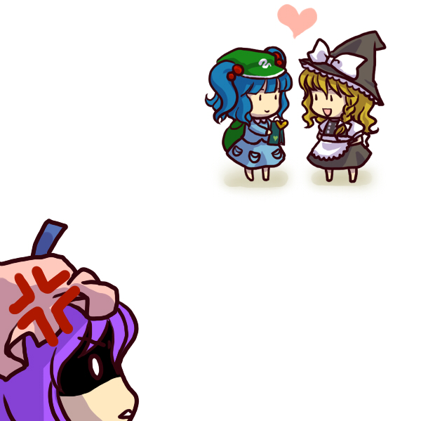 socha, kawashiro nitori, kirisame marisa, patchouli knowledge, touhou, 3girls, angry, apron, blonde hair, blue hair, chibi, female focus, flat cap, full body, hair bobbles, hair ornament, hat, mob cap, multiple girls, o o, shaded face, simple background, standing, two side up, waist apron, white background, witch hat