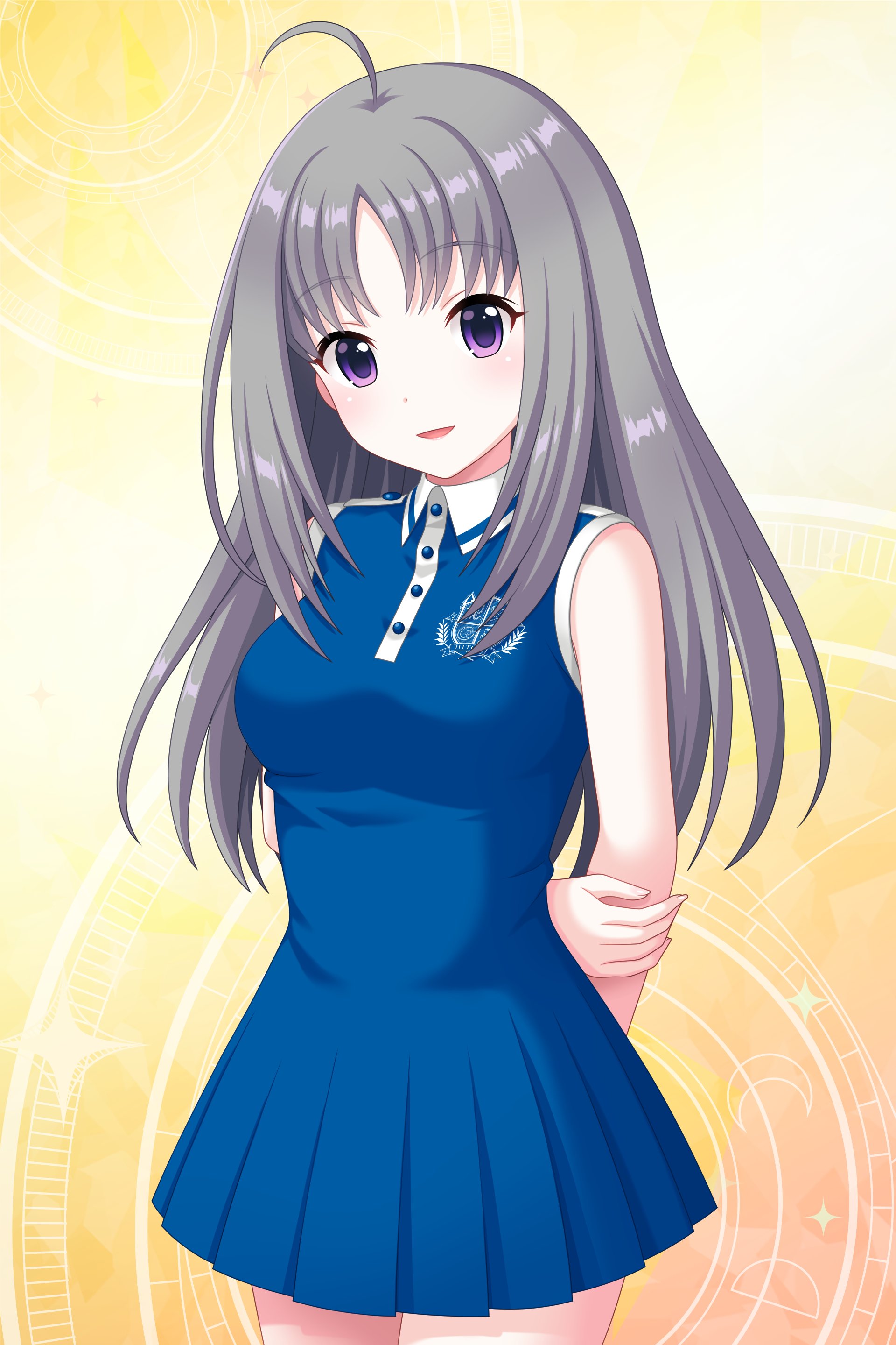 kira sayuri, alternative girls, absurdres, commentary request, highres, official art, second-party source, 1girl, ahoge, arms behind back, bare shoulders, blue dress, blush, breasts, buttons, cowboy shot, dress, emblem, grey hair, hand on own arm, head tilt, long hair, looking at viewer, medium breasts, open mouth, purple eyes, sleeveless, sleeveless dress, smile, solo, yellow background