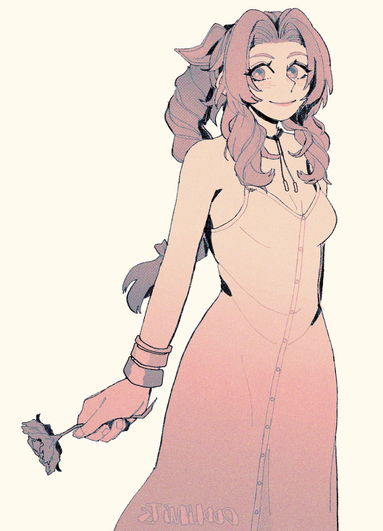 oddlimits, aerith gainsborough, final fantasy, final fantasy vii, final fantasy vii rebirth, final fantasy vii remake, highres, 1girl, artist name, bangle, bare shoulders, bracelet, braid, braided ponytail, breasts, brown hair, choker, closed mouth, cowboy shot, dress, flower, hair ribbon, holding, holding flower, jewelry, light blush, long dress, long hair, medium breasts, parted bangs, pink dress, ribbon, sidelocks, single braid, smile, solo, white background