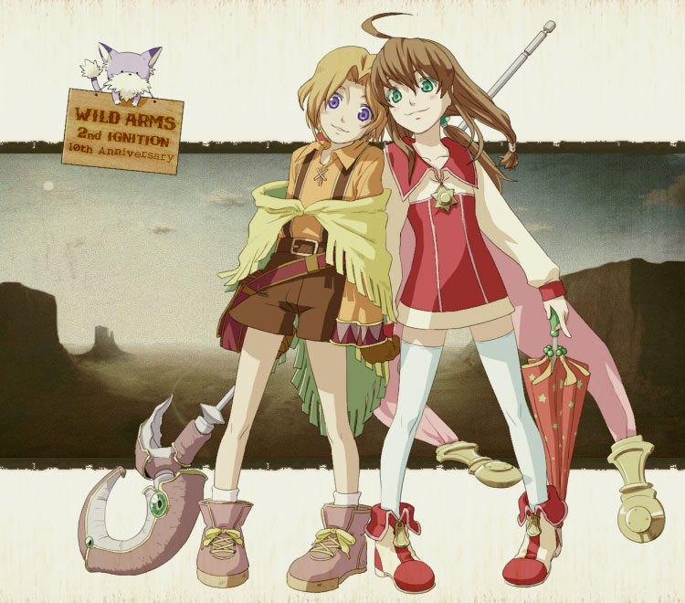 umetsubo (umeosm), lilka eleniak, puka, puka (wild arms), tim rhymeless, wild arms, wild arms 2, 1boy, 1girl, ahoge, anniversary, brown hair, brown shorts, canyon, cape, closed umbrella, copyright name, fringe trim, green eyes, long hair, low-tied long hair, off shoulder, orange shirt, poncho, purple eyes, shirt, shoes, short hair, shorts, staff, thighhighs, twintails, umbrella, white thighhighs