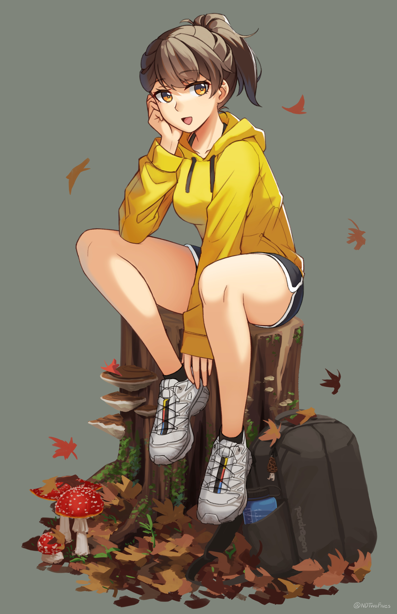 ndtwofives, original, absurdres, commentary, highres, 1girl, :d, artist name, autumn, autumn leaves, backpack, bag, black bag, black shorts, black socks, bottle, breasts, brown eyes, brown hair, collarbone, dated commentary, dolphin shorts, drawstring, falling leaves, fly agaric, full body, grey background, hand on own face, hand up, head rest, hood, hood down, hoodie, leaf, legs, long sleeves, looking at viewer, maple leaf, medium breasts, mushroom, nature, on tree stump, open mouth, plant, ponytail, puffy long sleeves, puffy sleeves, shoes, short hair, short shorts, shorts, simple background, smile, socks, solo, thighs, tree stump, twitter username, water bottle, white shoes, yellow hoodie