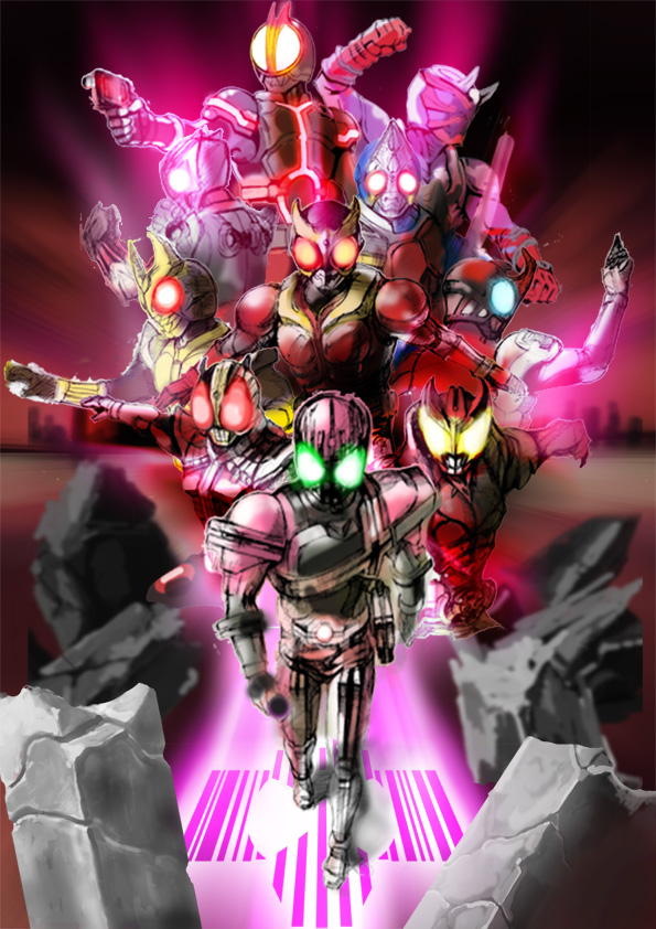 matchin, kamen rider agito, kamen rider agito (ground form), kamen rider blade, kamen rider decade, kamen rider den-o, kamen rider den-o (sword form), kamen rider faiz, kamen rider hibiki, kamen rider kabuto, kamen rider kiva, kamen rider kuuga, kamen rider ryuki, kamen rider, kamen rider 555, kamen rider dcd, kamen rider den-o (series), kamen rider hibiki (series), kamen rider kiva (series), kamen rider ryuki (series), 6+boys, armor, belt, blue eyes, glowing, glowing eyes, green eyes, gun, horns, male focus, mask, multiple boys, red eyes, single horn, weapon, yellow eyes