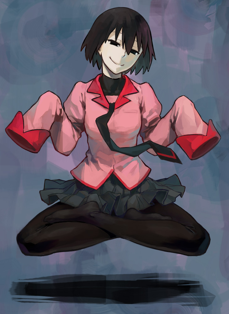 b suke, oshino ougi, monogatari (series), owarimonogatari, commentary request, 1girl, black eyes, black hair, black necktie, black pantyhose, breasts, floating, full body, indian style, jacket, levitation, medium breasts, miniskirt, naoetsu high school uniform, necktie, no shoes, pale skin, pantyhose, pink jacket, pleated skirt, school uniform, sitting, skirt, sleeves past wrists, smile, solo, very long sleeves