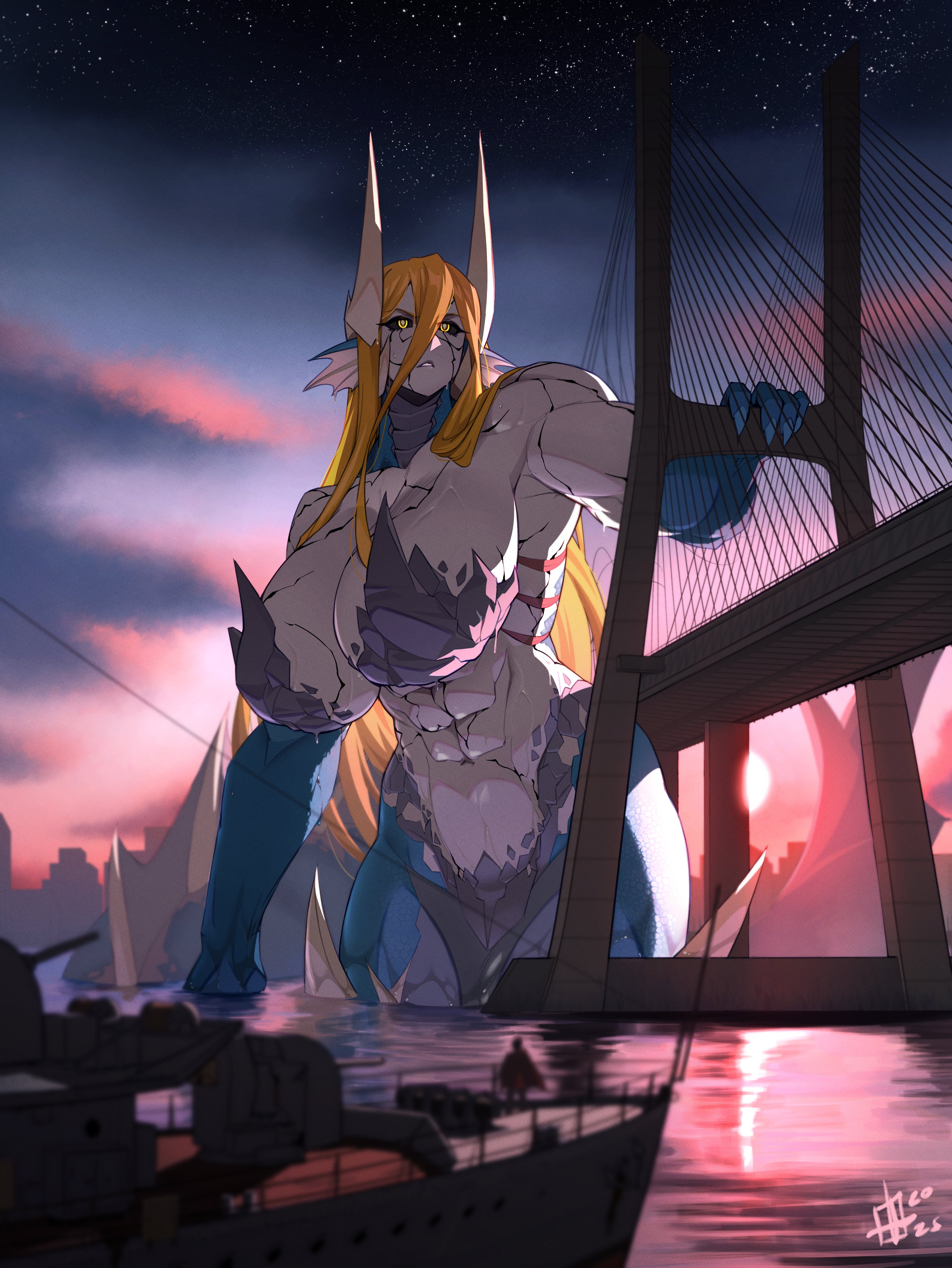okasbasement, skolas, original, absurdres, highres, 1girl, abs, battleship, biceps, blue scales, bridge, cracked skin, fingernails, giant, giantess, gills, grey scales, horns, long hair, military vehicle, monster girl, multiple horns, muscular, muscular female, ocean, orange hair, sharp fingernails, ship, size difference, slit pupils, spines, sunset, warship, watercraft