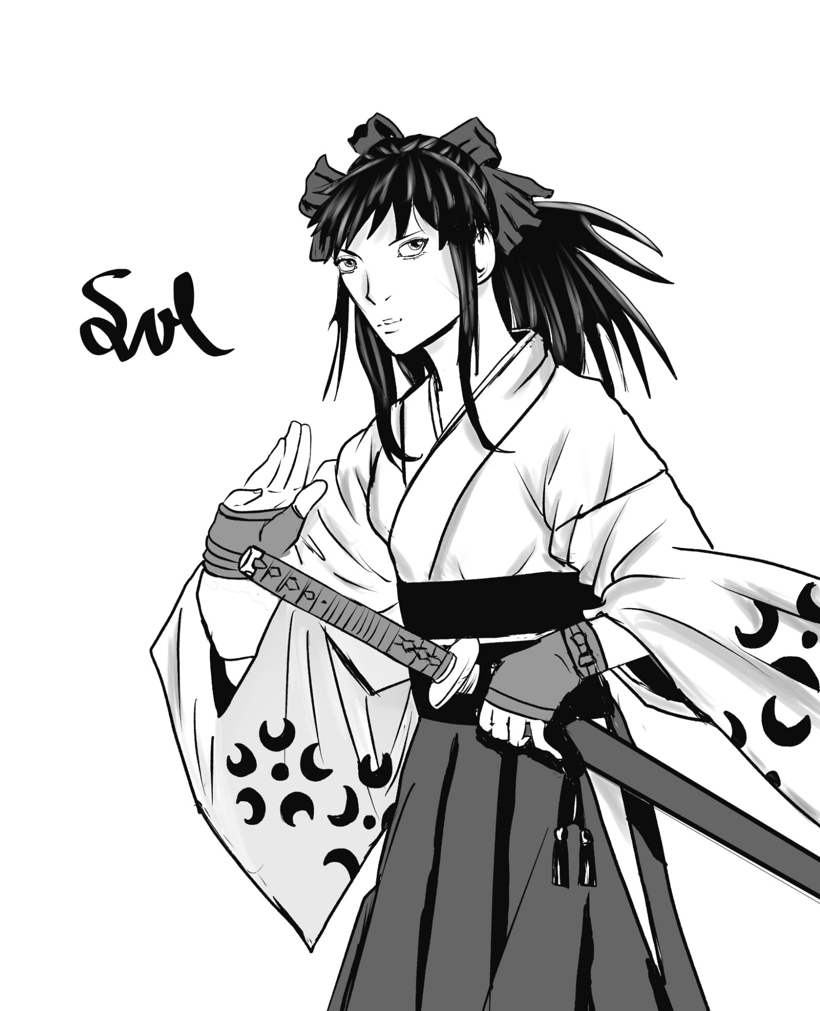 shinguuji sakura, sakura taisen, sega, highres, 1girl, blue hair, breasts, fingerless gloves, gloves, hair ribbon, legs, lips, long hair, long skirt, looking at viewer, monochrome, ponytail, ribbon, serious, sketch, skirt, small breasts, solo, sword, thighs, weapon