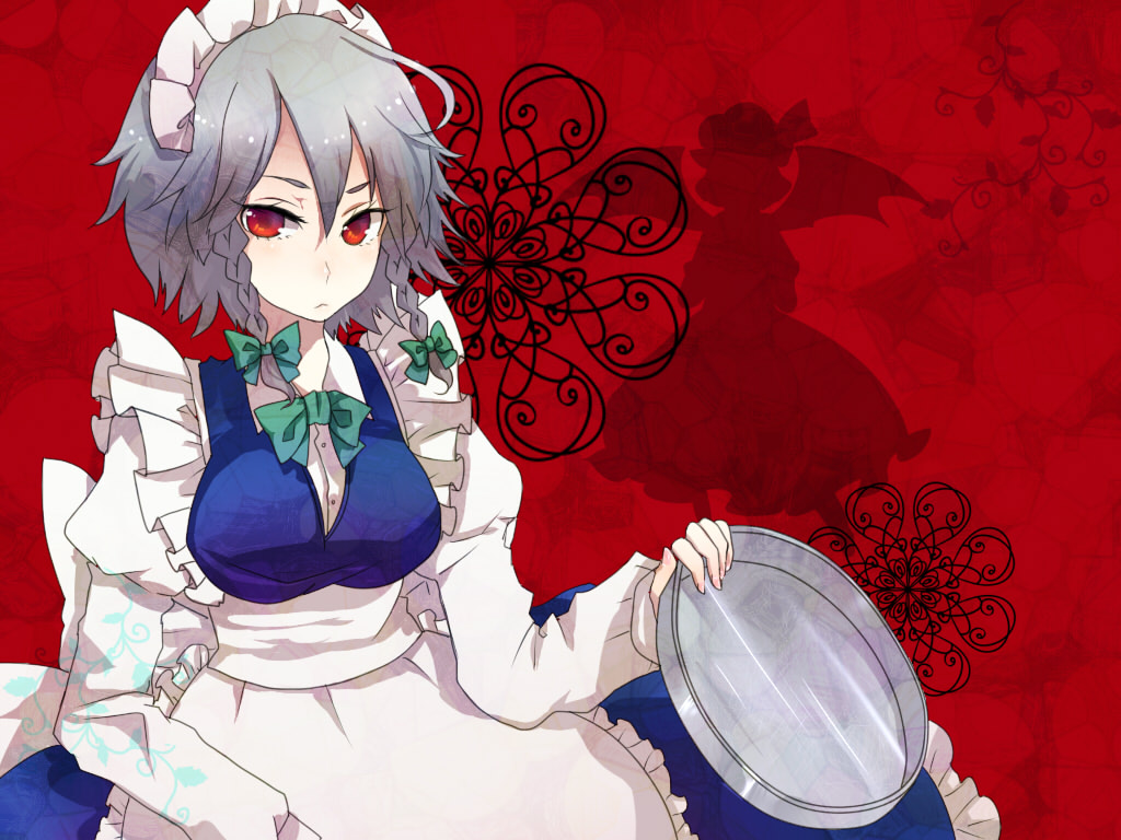 gushiko, izayoi sakuya, remilia scarlet, embodiment of scarlet devil, touhou, silver hair, bad id, bad pixiv id, 2girls, braid, breasts, female focus, hairband, maid, multiple girls, red eyes, short hair, silhouette, tray