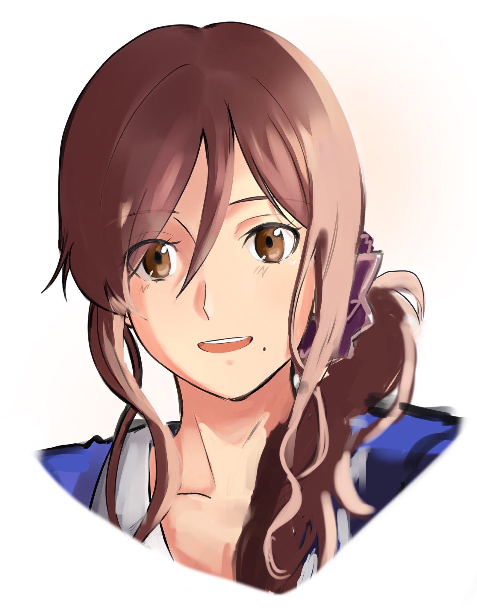 no 01r, noel (tsukihime), tsukihime, tsukihime (remake), highres, 1girl, blue jacket, brown eyes, brown hair, hair between eyes, hair ornament, hair scrunchie, happy, jacket, long hair, looking at viewer, mole, mole under mouth, open mouth, profile, scrunchie, shirt, side ponytail, smile, wavy hair, white shirt