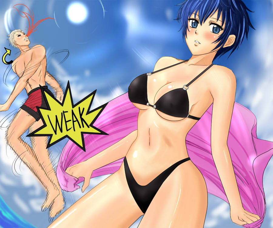 suta furachina, shirogane naoto, tatsumi kanji, atlus, persona, persona 4, 1boy, 1girl, bikini, blood, blue eyes, blue hair, breasts, day, excessive nosebleed, medium breasts, nosebleed, short hair, swimsuit, underboob, white hair