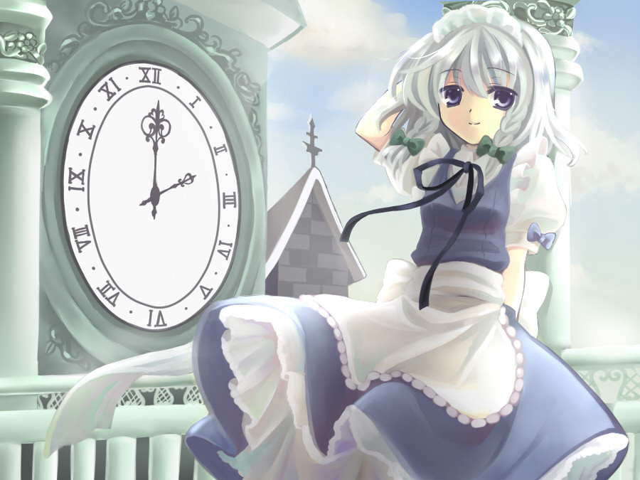 hanabana tsubomi, izayoi sakuya, touhou, silver hair, bad id, bad pixiv id, 1girl, apron, arm behind head, blue eyes, bow, braid, clock, cloud, female focus, hair bow, neck ribbon, petticoat, ribbon, sky, smile, solo, twin braids, waist apron