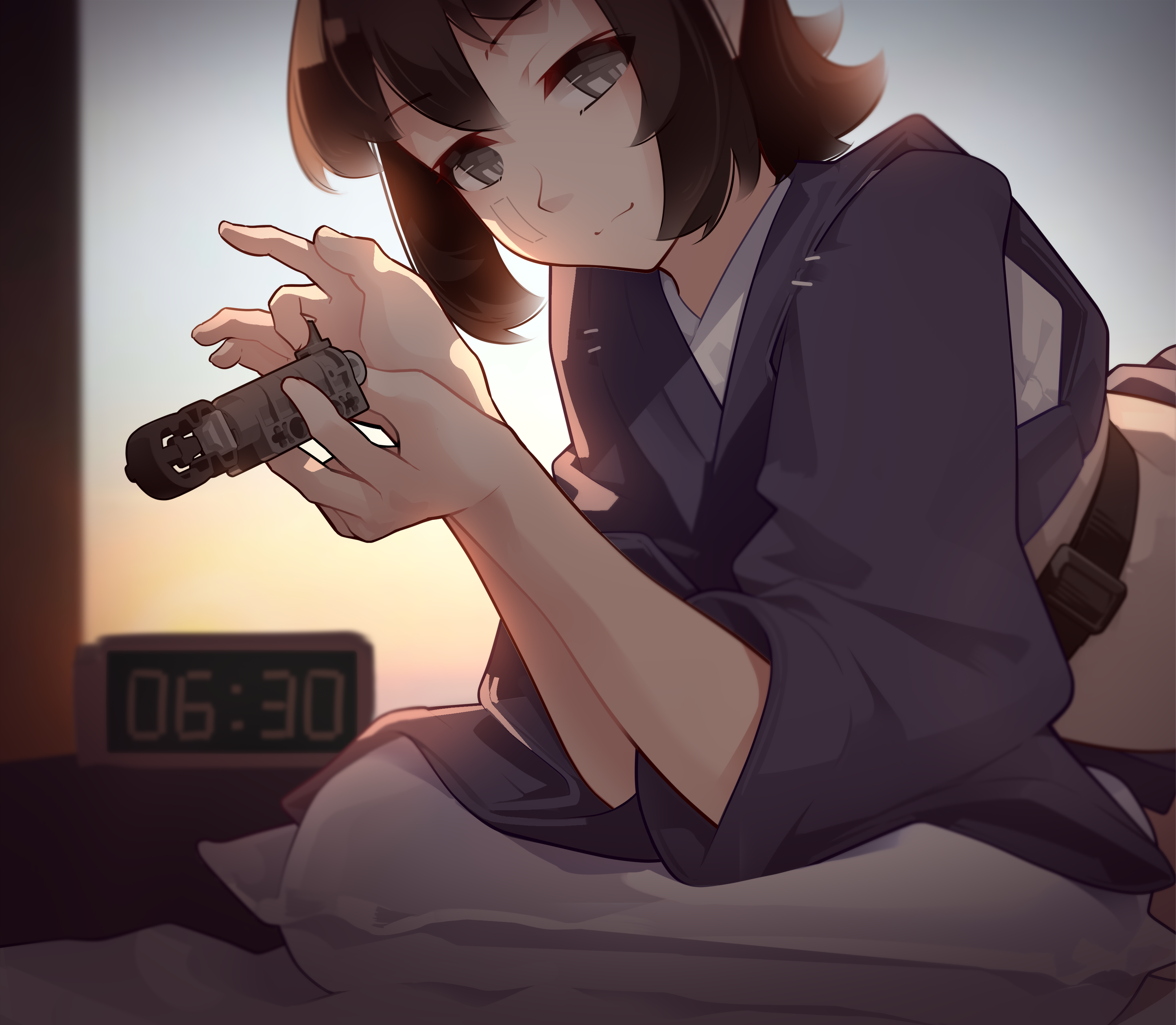 vectorek, original, absurdres, commentary, english commentary, gender request, highres, object request, alarm clock, backlighting, bed, bed sheet, blue robe, brown eyes, brown hair, clock, closed mouth, day, digital clock, fingernails, indoors, lying, medium hair, morning, on bed, on pillow, on stomach, pillow, robe, shirt, smile, sunlight, white shirt, window