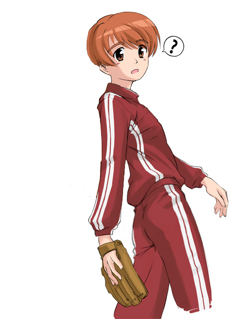 takahashi ren, asahina mikuru, asahina mitsuru, suzumiya haruhi no yuuutsu, third-party edit, 00s, 1boy, ?, baseball, baseball glove, brown hair, double vertical stripe, genderswap, genderswap (ftm), gym uniform, looking back, male focus, red hair, simple background, solo, track suit, white background