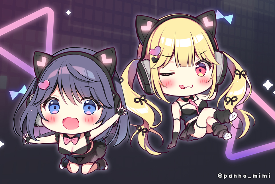 pan (mimi), arisugawa ruru, shirayuki yuuri, original, commentary request, 2girls, :d, ;q, animal ear headphones, animal ears, between breasts, black gloves, black skirt, black socks, blonde hair, blush, bow, bowtie, breasts, chibi, cleavage, closed mouth, crossed legs, fake animal ears, fingerless gloves, gloves, hair ornament, headphones, heart, heart hair ornament, large breasts, long hair, looking at viewer, loose socks, medium breasts, multiple girls, necktie, necktie between breasts, one eye closed, open mouth, outstretched arms, pink bow, pink bowtie, pink hair, pink necktie, pleated skirt, purple eyes, purple hair, red eyes, shoes, skirt, smile, socks, spread arms, tongue, tongue out, twintails, twitter username, v-shaped eyebrows, very long hair, white shoes