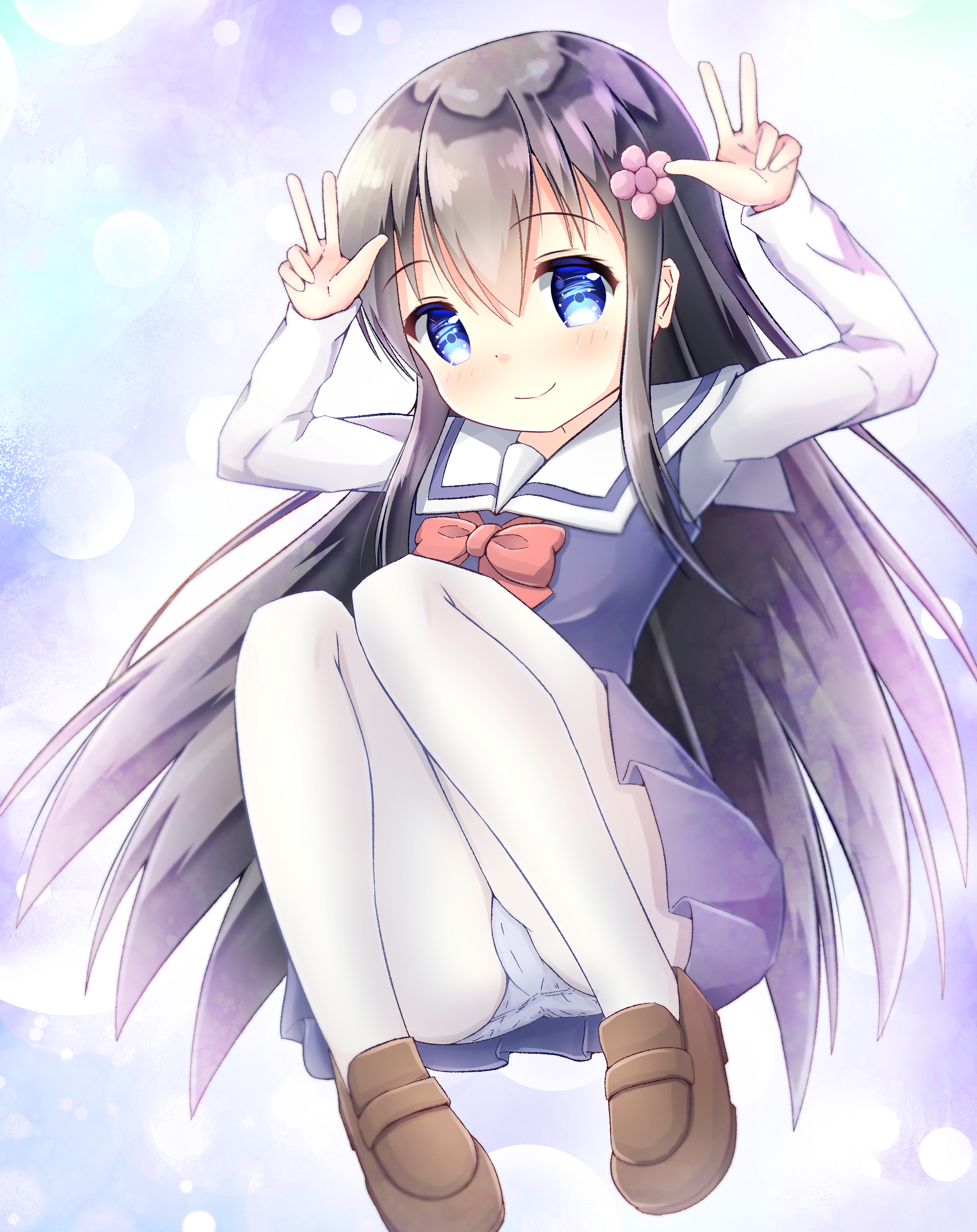 riito (shannon95), shirosaki hana, watashi ni tenshi ga maiorita!, absurdres, highres, black hair, blue eyes, blush, bow, bubble, closed mouth, double v, dress, flower, hair flower, hair ornament, loafers, long hair, panties, panties under leggings, pantyhose, pink flower, pleated skirt, red bow, sailor collar, school uniform, shirt, shoes, skirt, smile, solo, sun, underwear, v, very long hair, white pantyhose, white sailor collar, white shirt