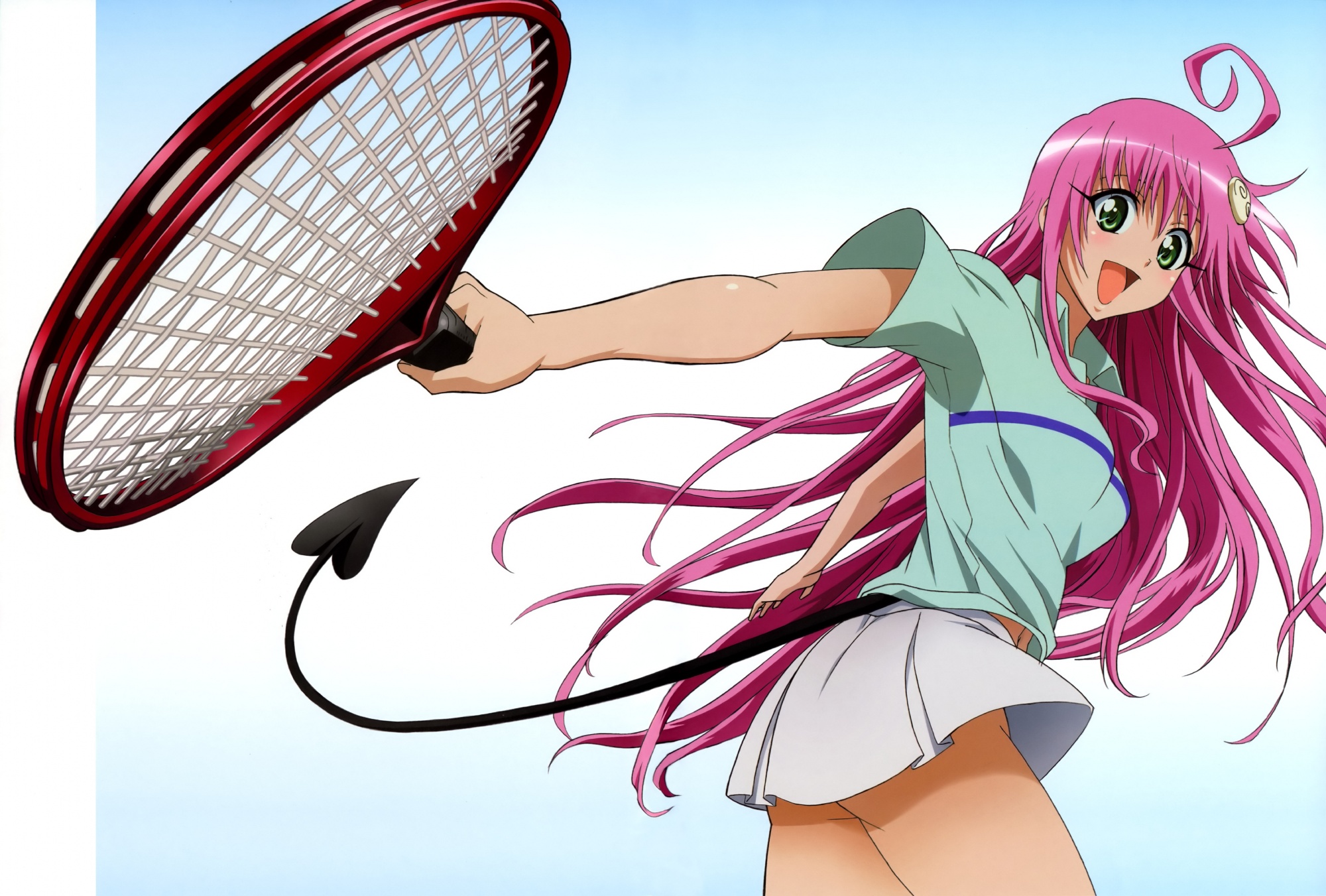 lala satalin deviluke, peke (to love-ru), to love-ru, highres, 00s, 1girl, :d, ahoge, blush, demon tail, female focus, foreshortening, green eyes, hair ornament, long hair, no panties, open mouth, pink hair, racket, simple background, skirt, smile, solo, sportswear, tail, tennis racket, tennis uniform, upskirt, very long hair