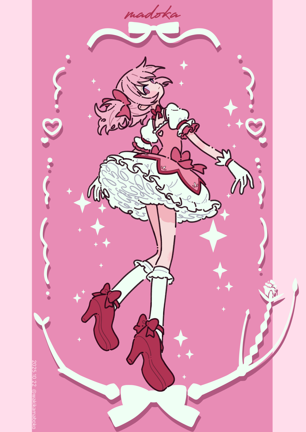 neki (wakiko), kaname madoka, mahou shoujo madoka magica, mahou shoujo madoka magica (anime), commentary, highres, 1girl, bobby socks, bow, character name, dress, from side, full body, gloves, hair bow, high heels, looking at viewer, looking to the side, magical girl, petticoat, pink background, pink bow, pink dress, pink hair, puffy short sleeves, puffy sleeves, purple eyes, red shoes, shoes, short sleeves, skirt, socks, solo, twintails, white gloves, white skirt, white socks
