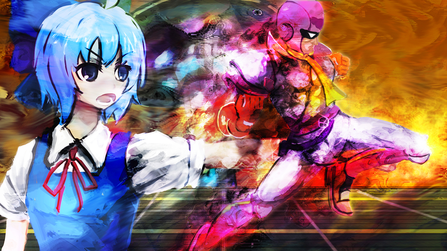 same 2009, captain falcon, cirno, f-zero, nintendo, perfect cherry blossom, super smash bros., touhou, 1boy, 1girl, alternate color, blue eyes, blue hair, bow, gloves, hair bow, helmet, knees, scarf, short hair, upper body