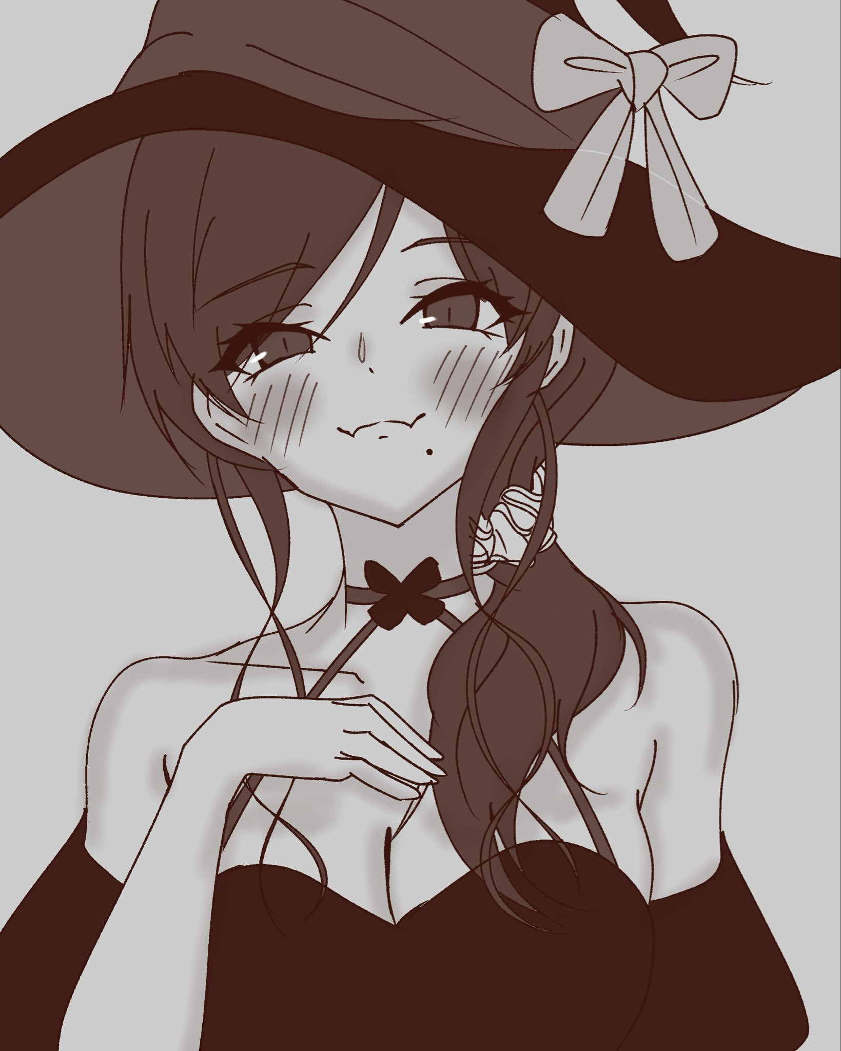 tadano mash, noel (tsukihime), tsukihime, tsukihime (remake), highres, 1girl, :3, bare shoulders, black dress, black hat, blush, breasts, brown hair, choker, dress, hat, hat ribbon, large breasts, looking at viewer, mole, mole under eye, monochrome, ribbon, smile, upper body, witch hat