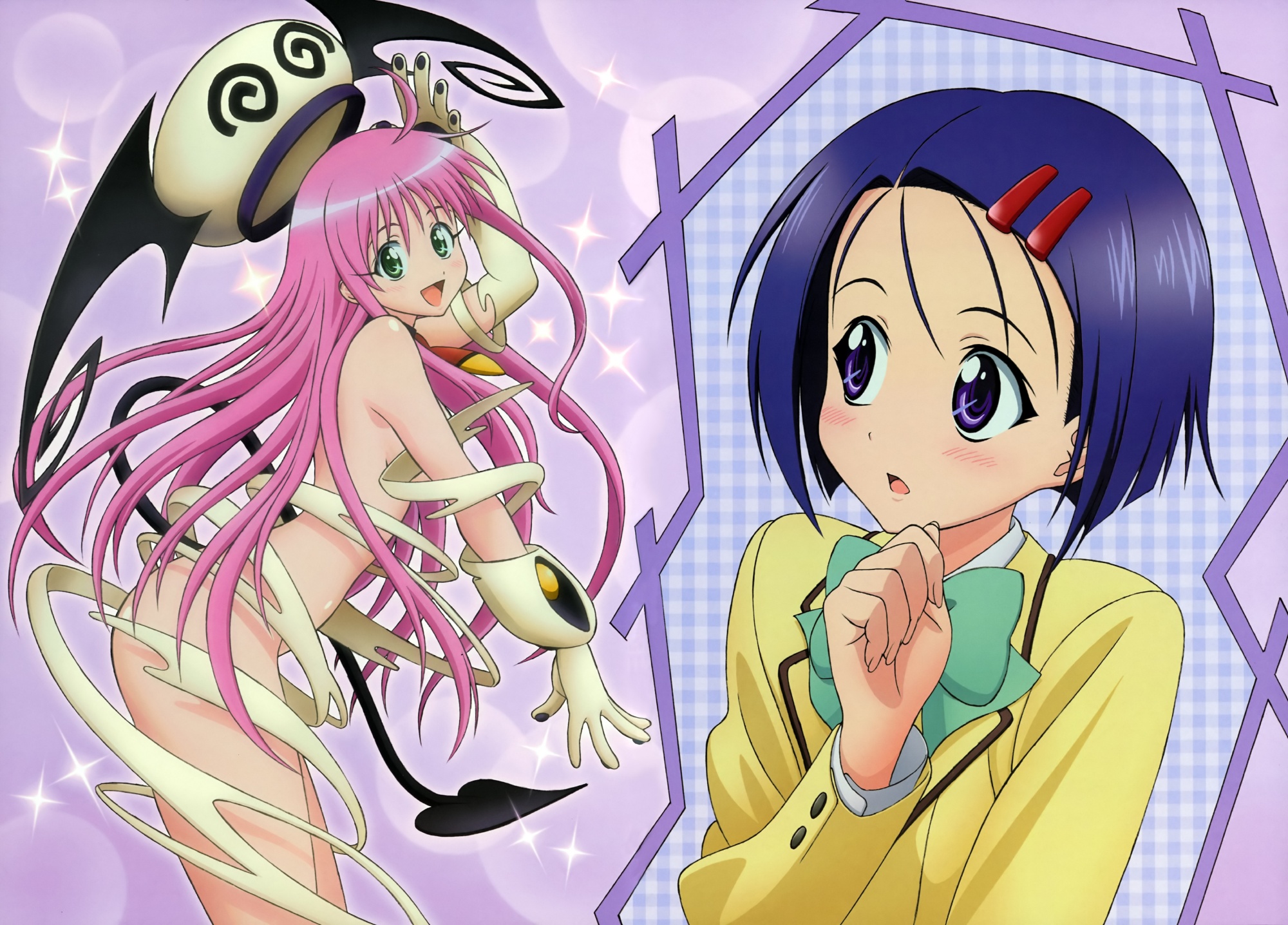 oka yuuichi, takami akio, lala satalin deviluke, peke (to love-ru), sairenji haruna, to love-ru, highres, official art, 00s, 2girls, hat, henshin, multiple girls, tail, transformation, undressing
