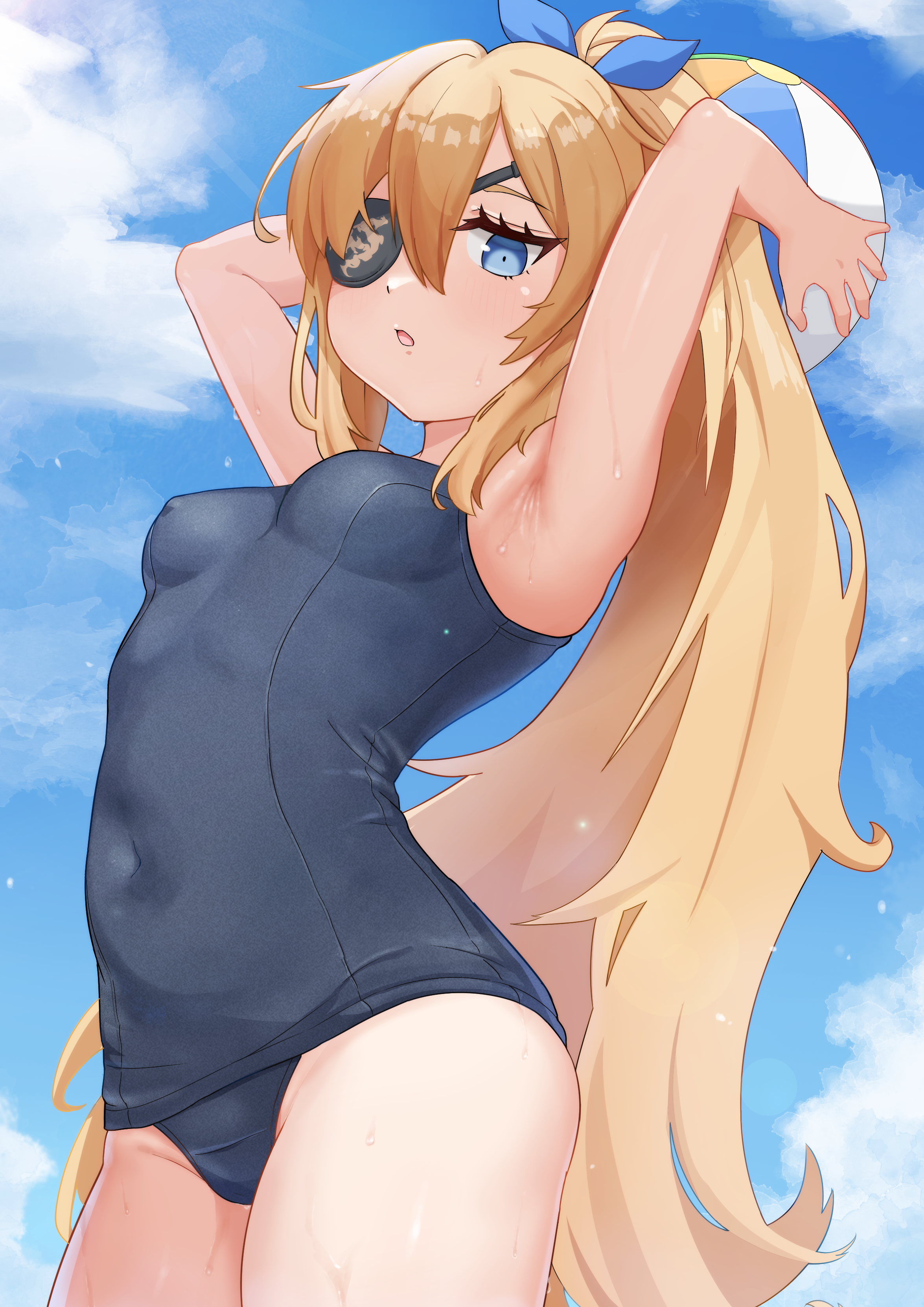 dsk0310, guillotine (nikke), goddess of victory: nikke, absurdres, highres, 1girl, armpits, ball, beachball, blonde hair, blue eyes, blue one-piece swimsuit, blue sky, breasts, cloud, cloudy sky, covered navel, day, eyepatch, holding, holding ball, holding beachball, long hair, one-piece swimsuit, outdoors, ponytail, school swimsuit, sky, small breasts, solo, sweat, swimsuit