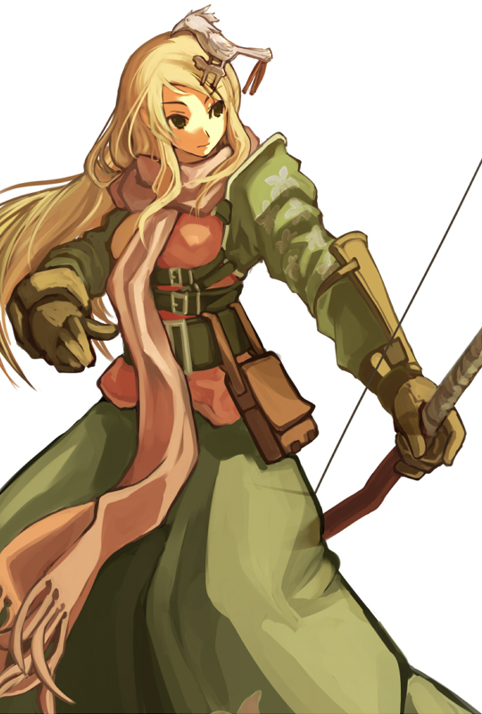 harusame (rueken), tricia (soul cradle), soul cradle, bad id, bad pixiv id, 1girl, armor, bag, belt, black eyes, blonde hair, bow, female focus, floral print, flower, gauntlets, gloves, hair ornament, hairpin, long hair, scarf, simple background, solo, weapon