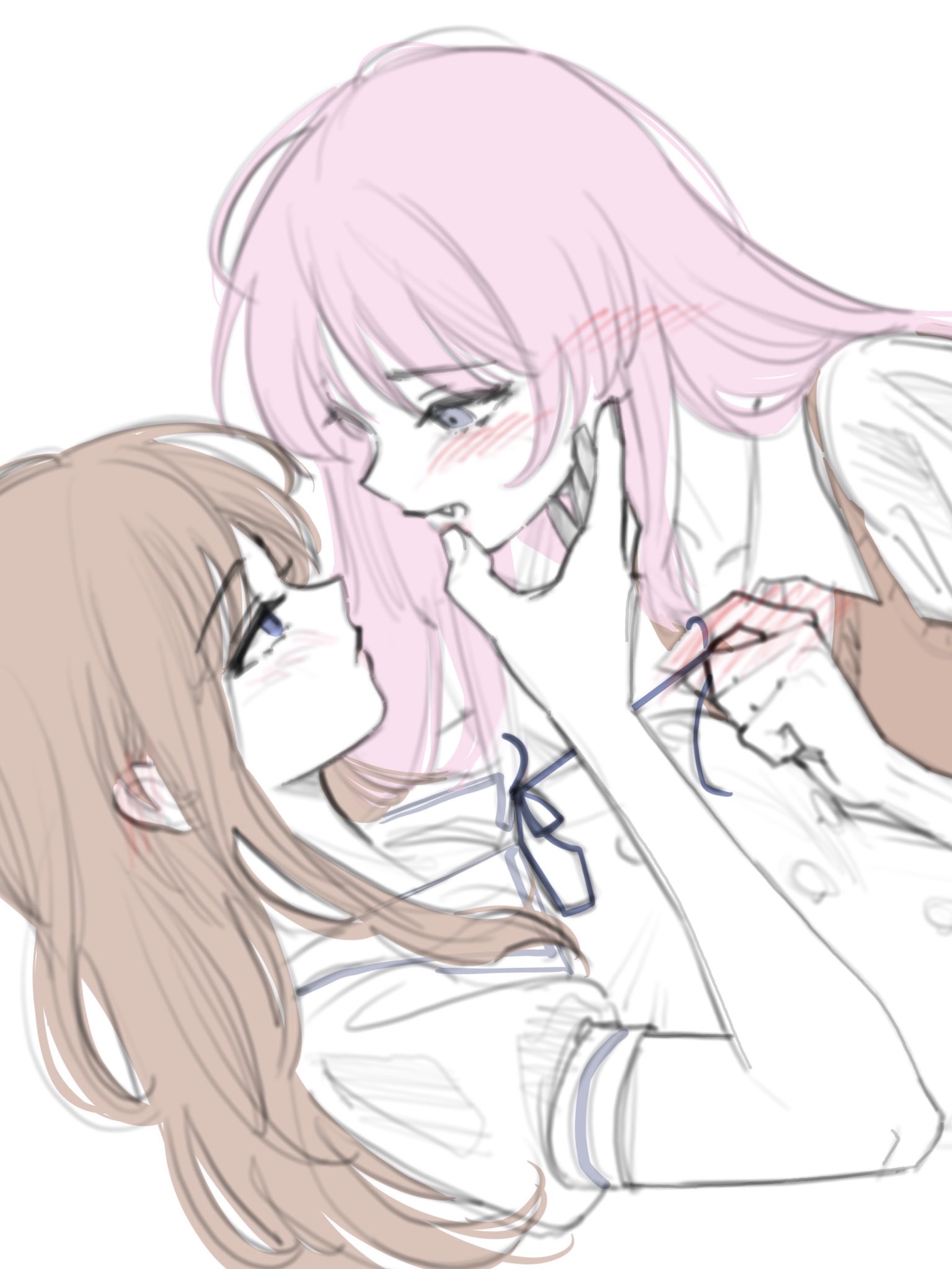 chihaya anon, nagasaki soyo, bang dream!, bang dream! it's mygo!!!!!, commentary, hashtag-only commentary, highres, 12thfog, 2girls, blue eyes, blush, brown hair, brown sweater, closed mouth, fang, grey eyes, hand on another's face, haneoka school uniform, long hair, multiple girls, pink hair, school uniform, shirt, simple background, sweater, tsukinomori school uniform, white background, white shirt, yuri
