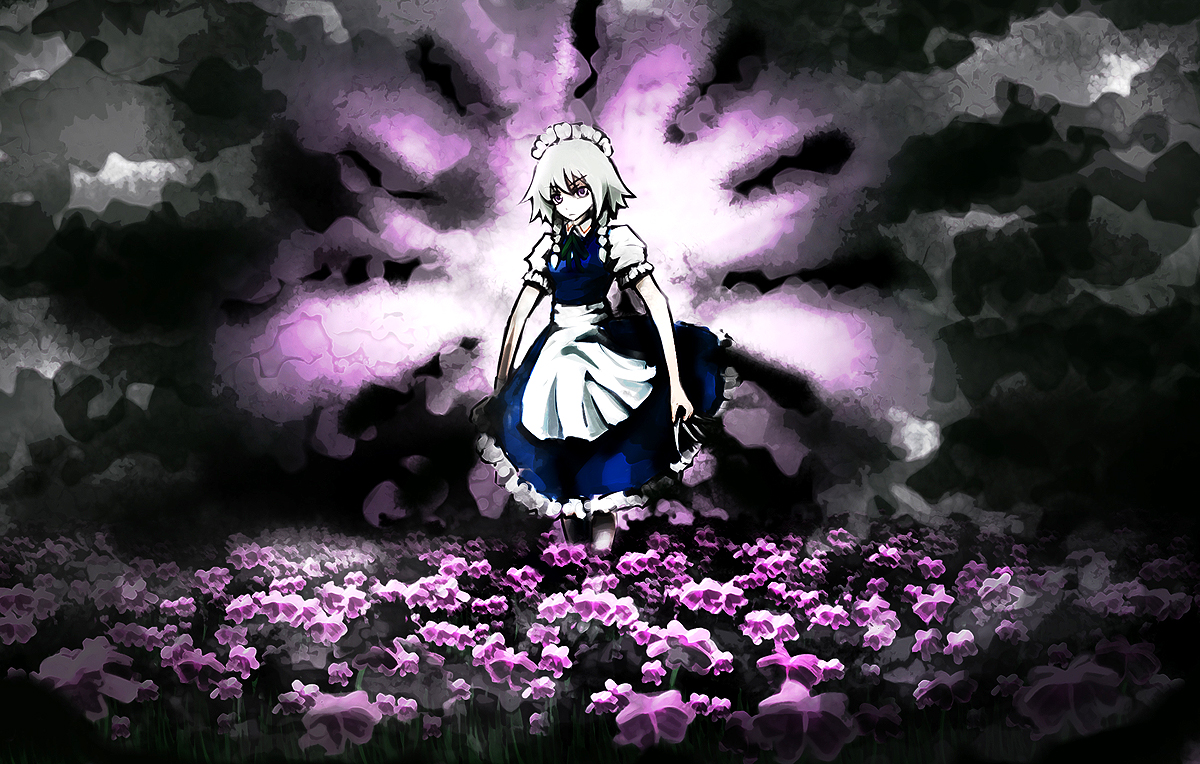 same 2009, izayoi sakuya, touhou, silver hair, 1girl, braid, female focus, flower, gradient background, hairband, knife, maid, nature, outdoors, plant, short hair, sky, solo, throwing knife, twin braids, weapon