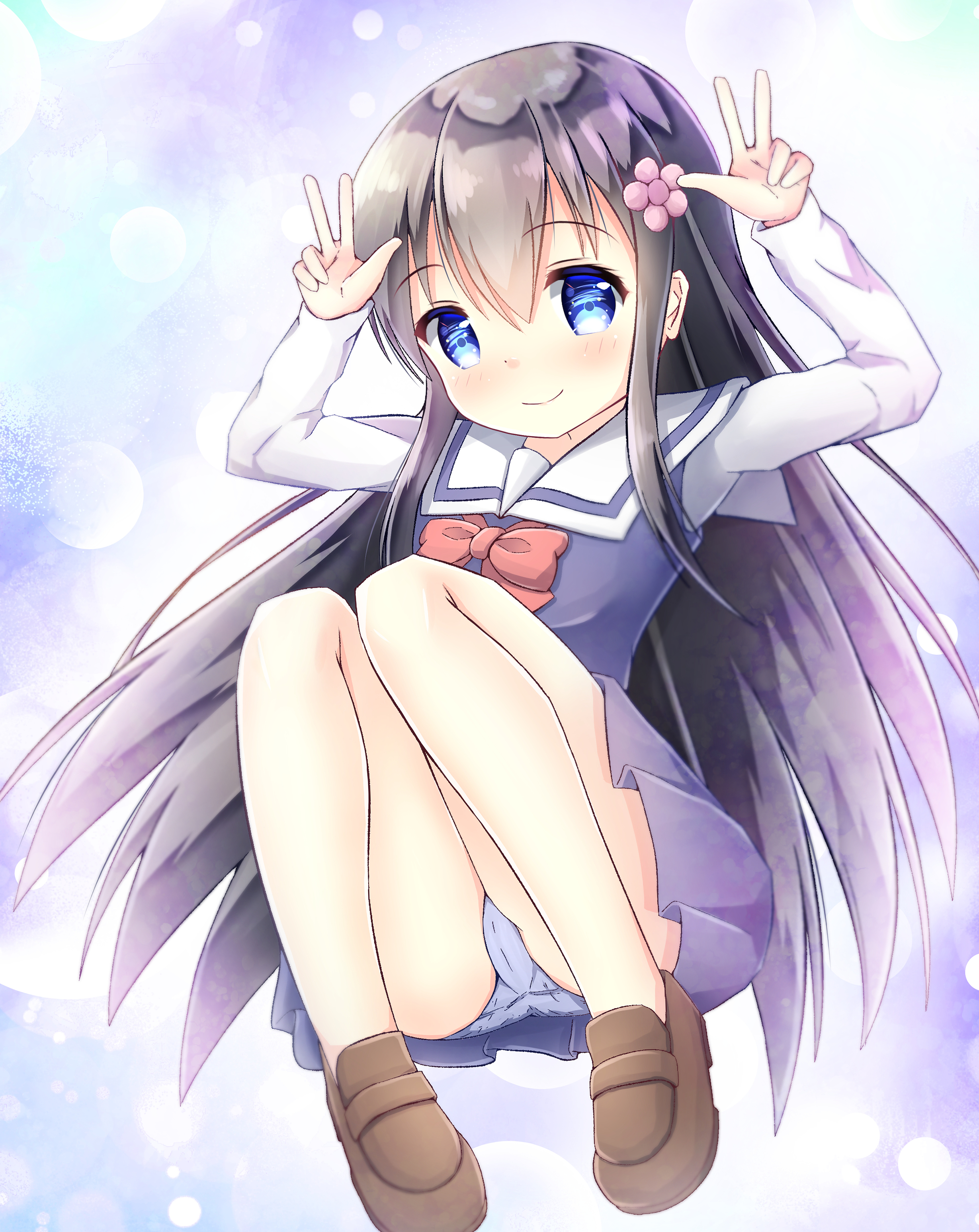 riito (shannon95), shirosaki hana, watashi ni tenshi ga maiorita!, absurdres, highres, black hair, blue eyes, blush, bow, bubble, closed mouth, double v, dress, flower, hair flower, hair ornament, loafers, long hair, panties, pink flower, pleated skirt, red bow, sailor collar, school uniform, shirt, shoes, skirt, smile, solo, sun, underwear, v, very long hair, white sailor collar, white shirt