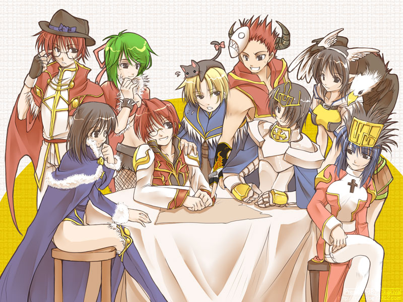 amase tatsuki, champion (ragnarok online), creator (ragnarok online), high priest (ragnarok online), high wizard (ragnarok online), hunter (ragnarok online), paladin (ragnarok online), rogue (ragnarok online), stalker, ragnarok online, fishnet legwear, sniper, bad id, bad pixiv id, 4girls, 5boys, adjusting eyewear, animal, animal hat, animal on head, bird, black hair, blonde hair, blue hair, boots, brown hair, cape, cat, cat on head, crown, falcon, fingerless gloves, fishnets, garter belt, glasses, gloves, green hair, hat, head wings, horns, hunter, mask, multiple boys, multiple girls, on head, paladin, pantyhose, red hair, short hair, sitting, table, thighhighs, wings, wristband