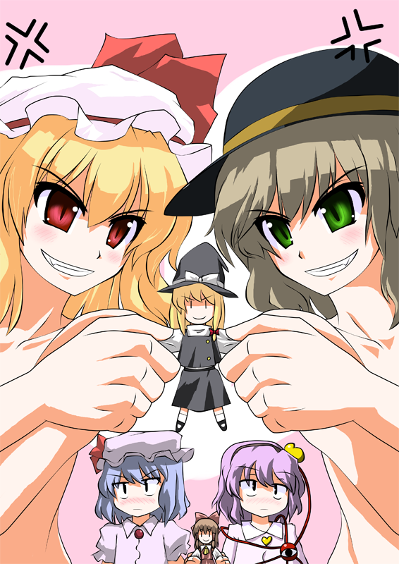 okumari, flandre scarlet, hakurei reimu, kirisame marisa, komeiji koishi, komeiji satori, remilia scarlet, touhou, bad id, bad pixiv id, 4girls, angry, blonde hair, blue hair, blush, brown hair, character doll, doll, female focus, green eyes, grin, hat, heart, multiple girls, nude, pink hair, red eyes, smile