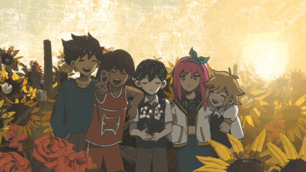 sapgoon, aubrey (faraway) (omori), aubrey (omori), basil (faraway) (omori), basil (omori), hero (faraway) (omori), hero (omori), kel (faraway) (omori), kel (omori), sunny (omori), omori, animated, animated gif, 1girl, 4boys, antenna hair, arm on another's shoulder, black sweater vest, blonde hair, blue eyes, blue hairband, blue skirt, blue sweater, brothers, brown shorts, cactus, closed eyes, closed mouth, collarbone, collared shirt, dark-skinned male, dark skin, denim, denim skirt, double-parted bangs, flower, flower pot, gladiolus, green sweater vest, hair between eyes, hairband, hand in pocket, holding, holding flower pot, jacket, lily of the valley, long hair, long sleeves, multiple boys, navel, open mouth, orange shorts, outdoors, pink hair, plant, potted plant, red flower, red rose, rose, shirt, short hair, short sleeves, shorts, siblings, sidelocks, skirt, smile, sunflower, sweater, sweater vest, teeth, tulip, upper teeth only, v, white flower, white jacket, white shirt, white tulip