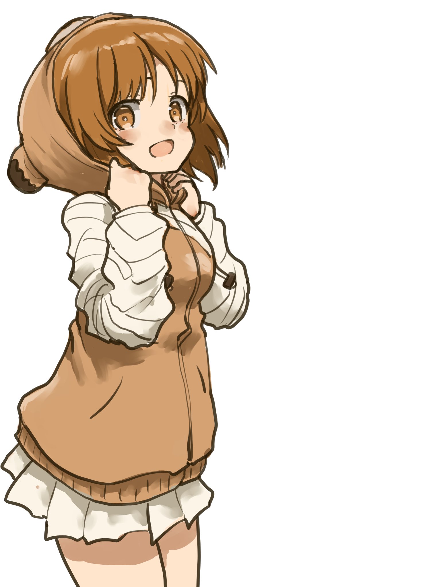 murayama kei, boko (girls und panzer), nishizumi miho, girls und panzer, highres, 1girl, blush, boko (girls und panzer) (cosplay), brown eyes, brown hair, cosplay, happy, open mouth, short hair, simple background, skirt, solo, standing, white background, white skirt