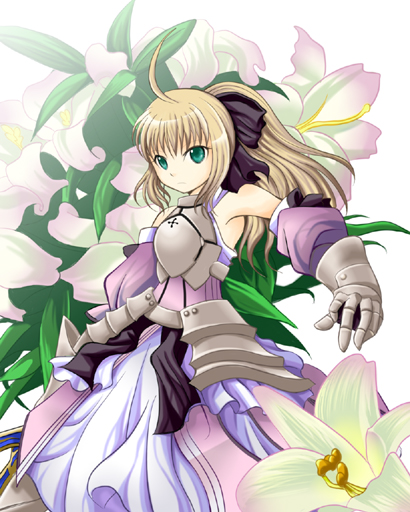 takanasi123, artoria pendragon (fate), saber (fate), saber lily, capcom, fate/stay night, fate/unlimited codes, fate (series), bad id, bad pixiv id, 00s, 1girl, armor, armored dress, blonde hair, dress, female focus, flower, gauntlets, green eyes, ponytail, solo