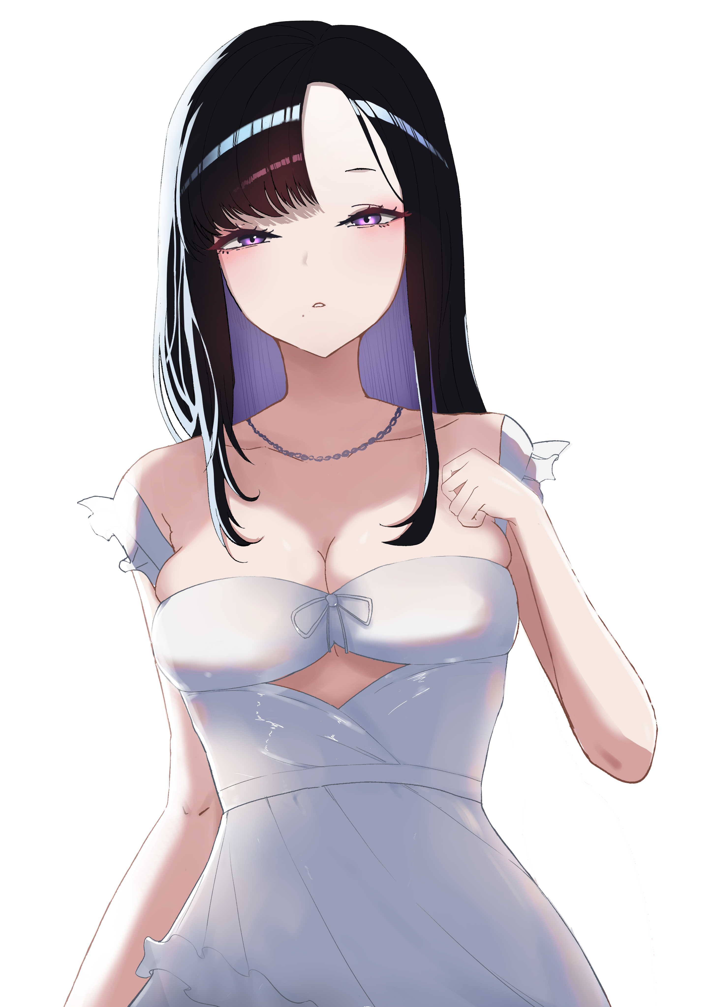 kozono, eunhwa (nikke), eunhwa (tactical upgrade) (day off) (nikke), goddess of victory: nikke, absurdres, highres, 1girl, black hair, blue hair, breasts, cleavage, colored inner hair, dress, jewelry, long hair, looking at viewer, multicolored hair, necklace, official alternate costume, official alternate hairstyle, purple eyes, simple background, small breasts, solo, white background, white dress
