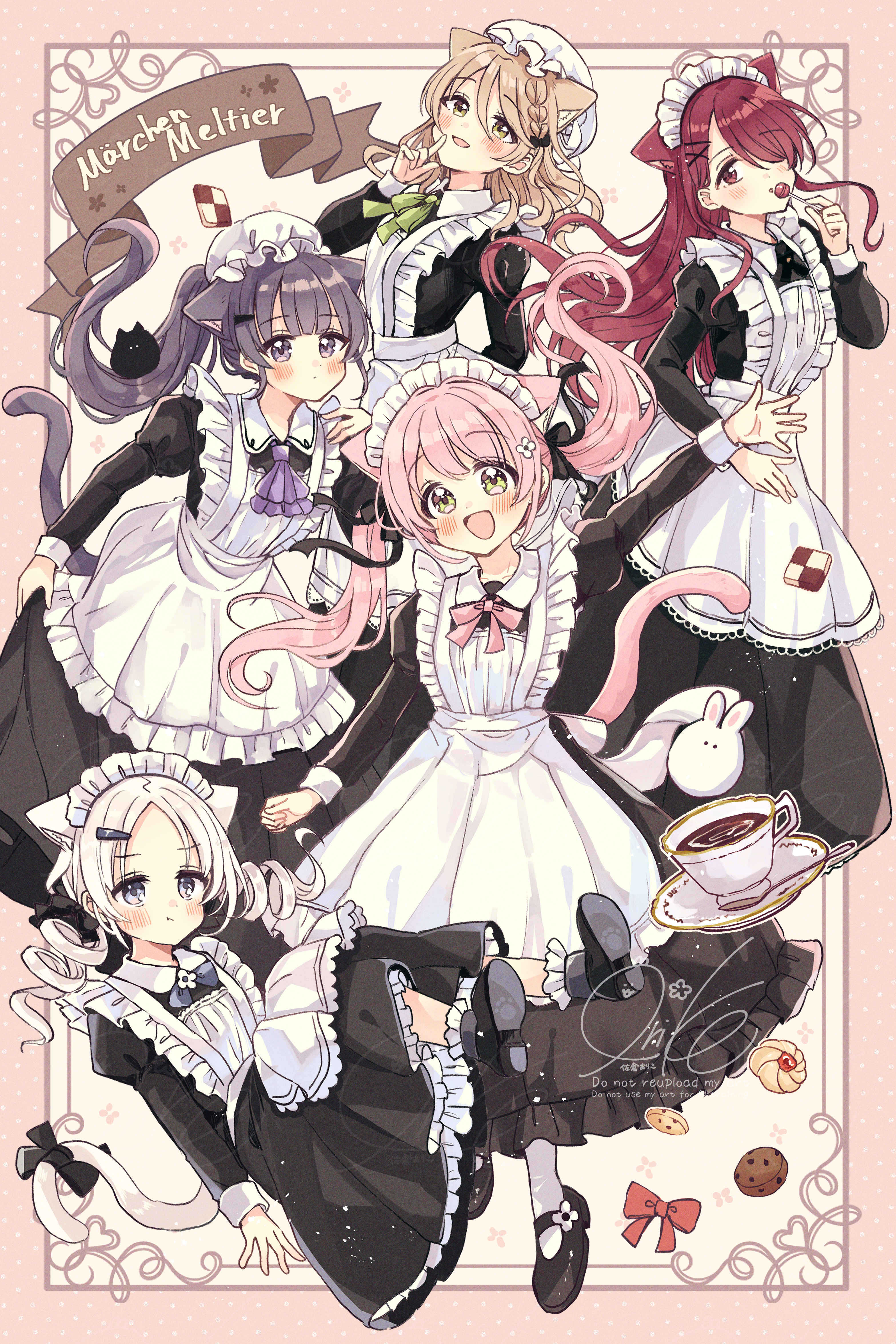 sakura oriko, absurdres, commentary request, highres, 5girls, :d, :t, animal ear fluff, animal ears, apron, arm up, black bow, black dress, black hair, black shoes, blush, bobby socks, bow, braid, brown eyes, brown hair, candy, cat ears, cat girl, cat tail, character name, checkerboard cookie, closed mouth, collared dress, cookie, cup, dress, drill hair, floating hair, flower, food, forehead, frilled apron, frilled dress, frills, fushigi na neko no machi meltier, green eyes, grey eyes, grey hair, hair between eyes, hair bow, hair flower, hair ornament, hair over one eye, hairclip, hat, holding, holding candy, holding food, holding lollipop, juliet sleeves, knees up, lollipop, long hair, long sleeves, looking at viewer, maid, maid apron, maid headdress, makia (fushigi na neko no machi meltier), mob cap, moco (fushigi na neko no machi meltier), multiple girls, nagi (fushigi na neko no machi meltier), open mouth, outstretched arm, pantyhose, parted bangs, pink bow, pink hair, pleated dress, ponytail, pout, puffy sleeves, purple eyes, red eyes, red hair, rucora (fushigi na neko no machi meltier), saucer, shoe soles, shoes, smile, socks, solo, spoon, suzu (fushigi na neko no machi meltier), tail, tail bow, tail ornament, teacup, twin drills, twintails, very long hair, white apron, white flower, white hat, white pantyhose, white socks, x hair ornament