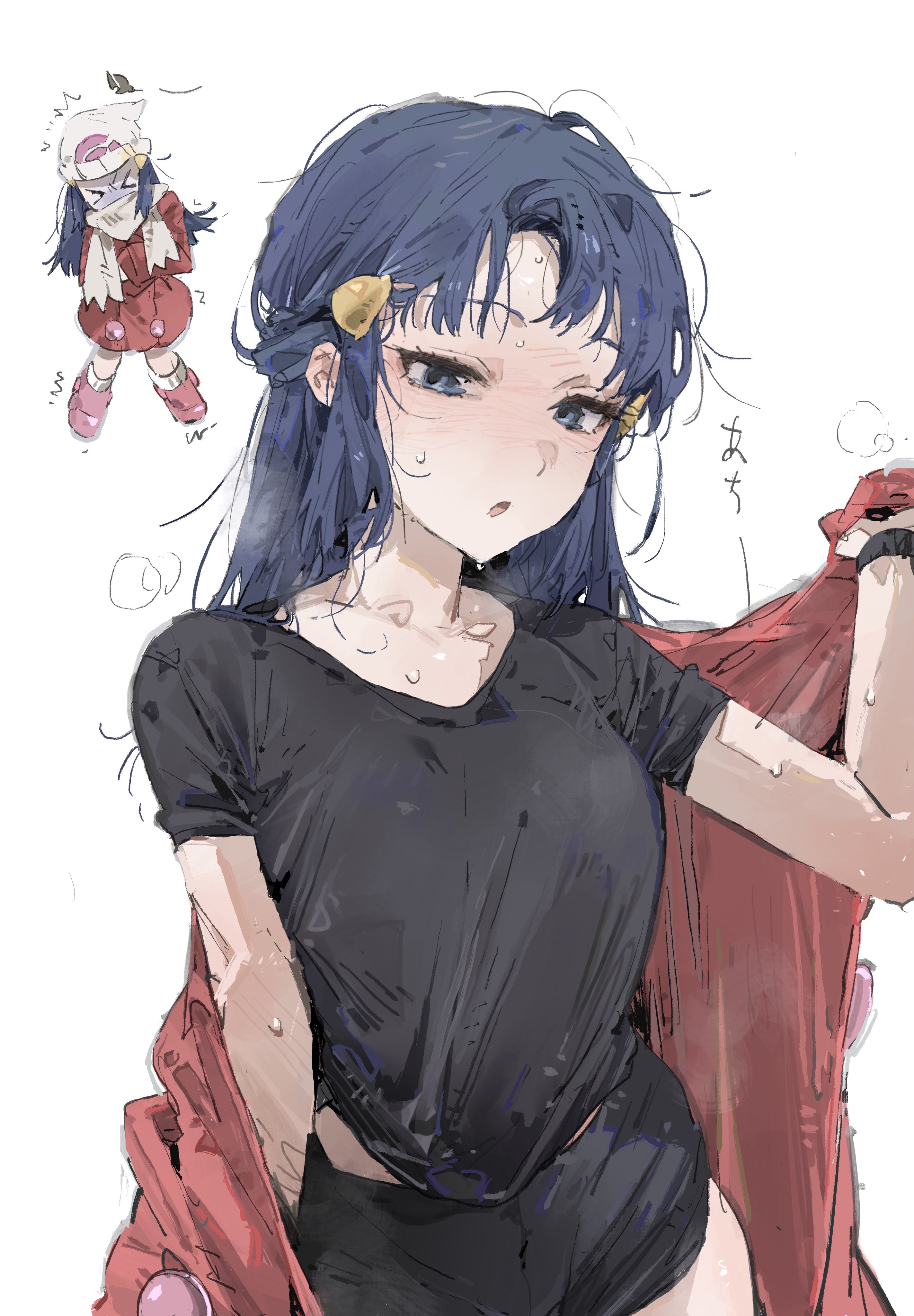 le (szs0k), dawn (pokemon), nintendo, pokemon, pokemon dppt, pokemon platinum, absurdres, highres, 1girl, blue eyes, blue hair, blush, breasts, coat, full body, hat, large breasts, long hair, multiple views, parted lips, pink shoes, red coat, scarf, shoes, short sleeves, simple background, solo, sweat, undressing, upper body, white background, white hat, white scarf