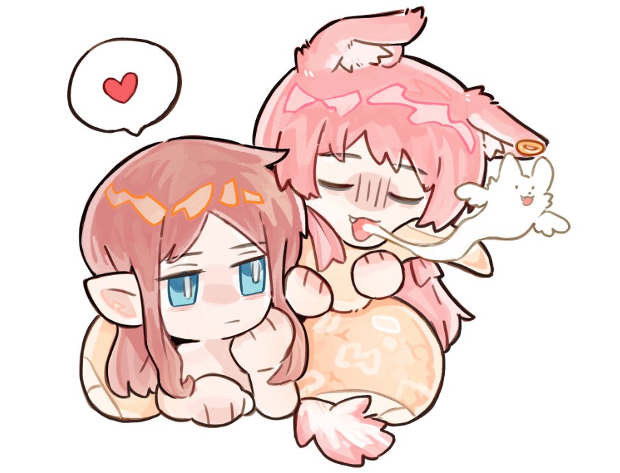 chihaya anon, nagasaki soyo, bang dream!, bang dream! it's mygo!!!!!, commentary, 2girls, animal ears, blue eyes, brown hair, closed eyes, closed mouth, expressionless, fang, giving up the ghost, heart, hugging another's tail, hugging tail, lamia, long hair, monster girl, multiple girls, pink hair, pointy ears, simple background, spoken heart, tail, underlion2567, white background, wolf ears, yuri