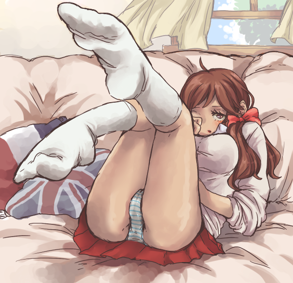 seychelles (hetalia), axis powers hetalia, 00s, 1girl, ass, bed, blue panties, blush, breasts, brown eyes, brown hair, cameltoe, curtains, feet, female focus, floating curtains, hair ribbon, kneehighs, knees together feet apart, large breasts, legs together, legs up, lying, miniskirt, no shoes, panties, pantyshot, pillow, pleated skirt, ribbon, rubbing eyes, skirt, sleepy, socks, solo, striped clothes, striped panties, thighs, underwear, union jack, upskirt, white socks, wind, window