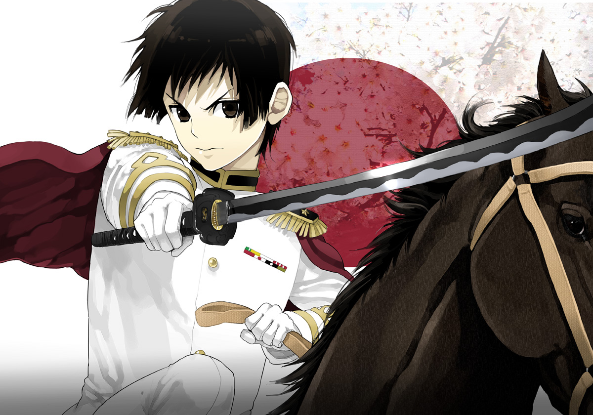 shimoshimo, japan (hetalia), axis powers hetalia, bad id, bad pixiv id, 00s, 1boy, black hair, brown eyes, horse, katana, male focus, military, military uniform, short hair, solo, sword, tsurime, weapon