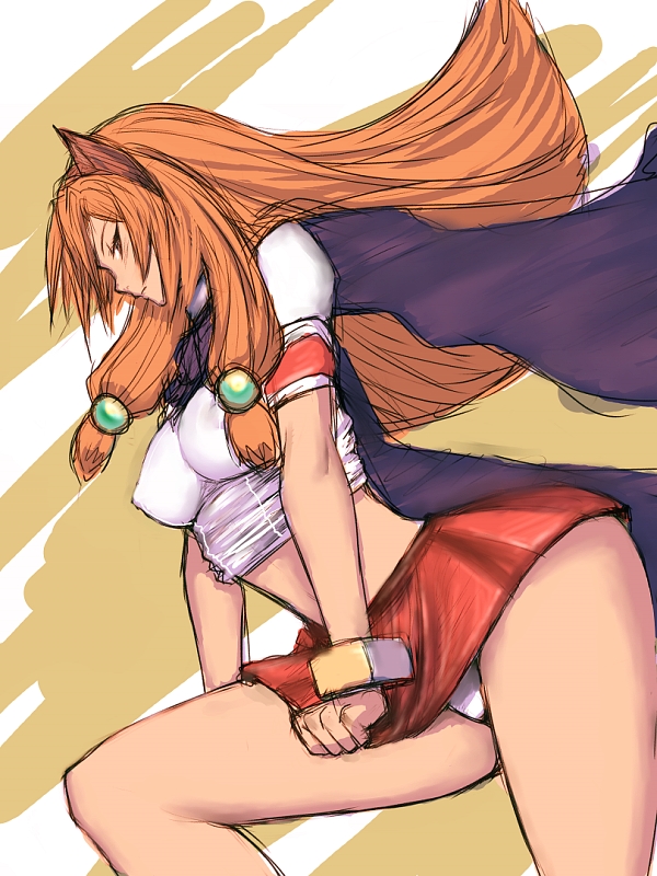 fumio (rsqkr), inuwaka akane, aq interactive, arcana heart, arcana heart 2, atlus, examu, 1girl, animal ears, bracelet, breasts, brown eyes, cape, cat ears, cat girl, covered erect nipples, covering crotch, covering privates, crop top, female focus, from below, hair ornament, jewelry, long hair, looking back, looking down, midriff, orange hair, panties, pantyshot, scarf, skirt, skirt tug, solo, underwear, very long hair, white panties