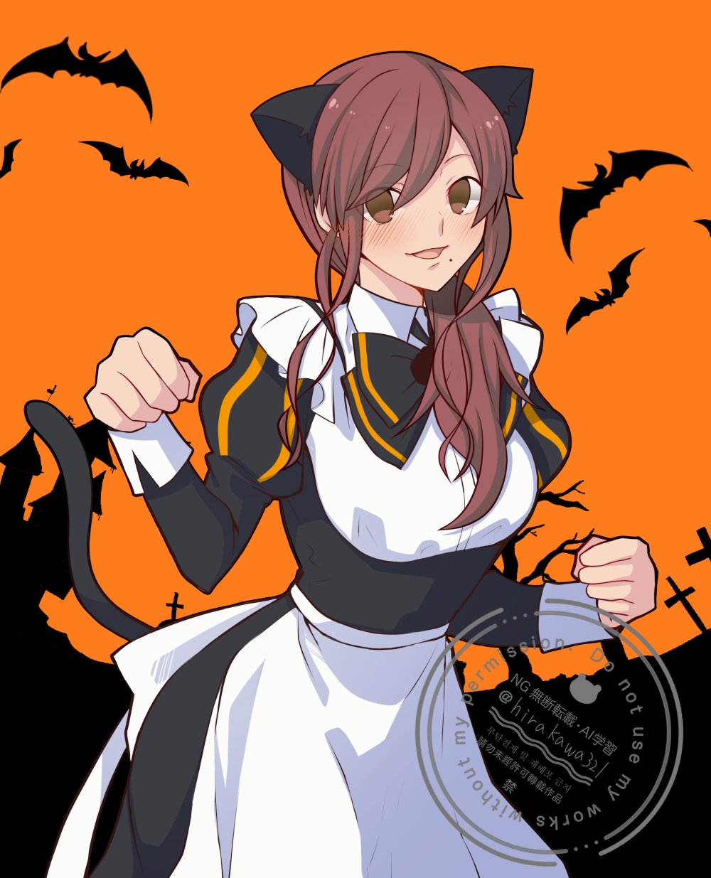 hirakawa, noel (tsukihime), tsukihime, tsukihime (remake), highres, 1girl, animal ears, apron, bat (animal), black dress, brown eyes, brown hair, cat ears, cat girl, cat tail, dress, dress ribbon, fake animal ears, fake tail, hair between eyes, halloween costume, looking at viewer, maid, maid apron, paw pose, side ponytail, smile, tail, wavy hair