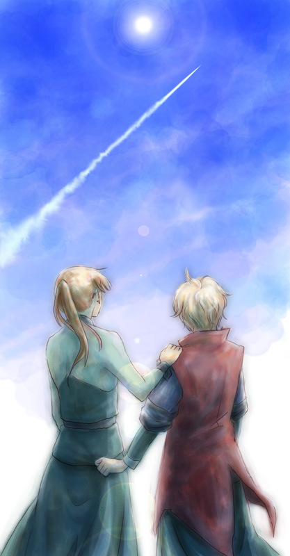sorahina, billy katagiri, graham aker, gundam, gundam 00, 00s, 2boys, blonde hair, blue sky, cowboy shot, day, from behind, holding hands, long hair, male focus, multiple boys, sky, standing, sun