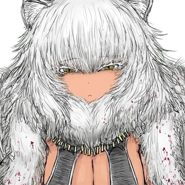 eeny meeny miny moe?, black souls, black souls 2, animal ears, blood, blood splatter, fur trim, lion ears, tan, white lion leiden, yellow eyes