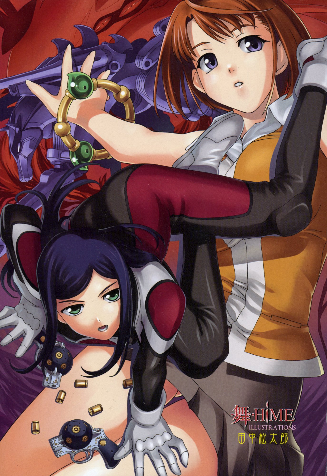 kuga natsuki, tokiha mai, my-hime, highres, 00s, 2girls, biker clothes, bikesuit, blue eyes, bodysuit, brown hair, bullet, gloves, green eyes, long hair, multiple girls, orange shirt, shirt, short hair