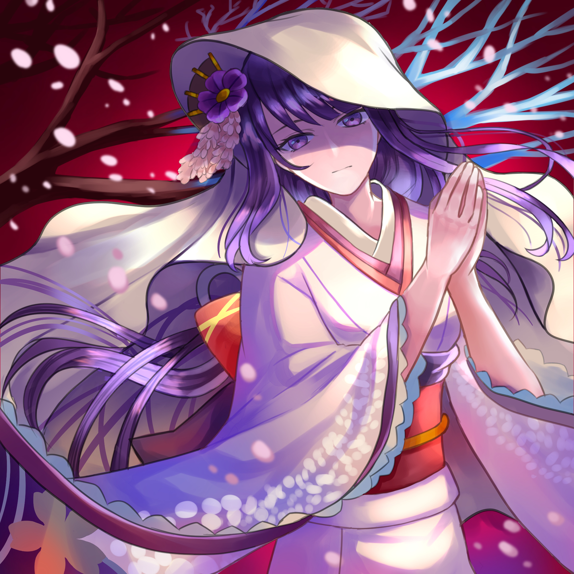 caramelo game, makoto (genshin impact), genshin impact, commentary request, highres, 1girl, bare tree, blunt bangs, blurry, blurry background, branch, closed mouth, cosplay, depth of field, expressionless, falling petals, fan hair ornament, flower, flower ornament, frozen, gradient hair, hair flowing over, hair ribbon, hands up, head tilt, japanese clothes, kimono, long hair, long sleeves, multicolored hair, own hands together, petals, purple eyes, purple flower, purple hair, purple kimono, red background, red sash, ribbon, sash, shaded face, solo, standing, statue of the seven, statue of the seven (cosplay), tree, upper body, veil, white veil, wide sleeves, wisteria