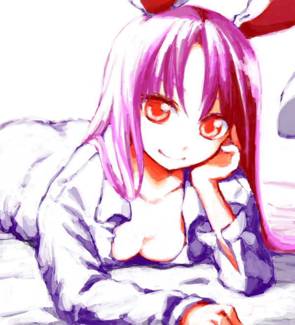 iseki, iseki (kuroshura no tabiji), iseki (otameshi), reisen udongein inaba, touhou, bad id, bad pixiv id, 1girl, animal ears, breasts, cleavage, female focus, long hair, purple hair, rabbit ears, red eyes, solo