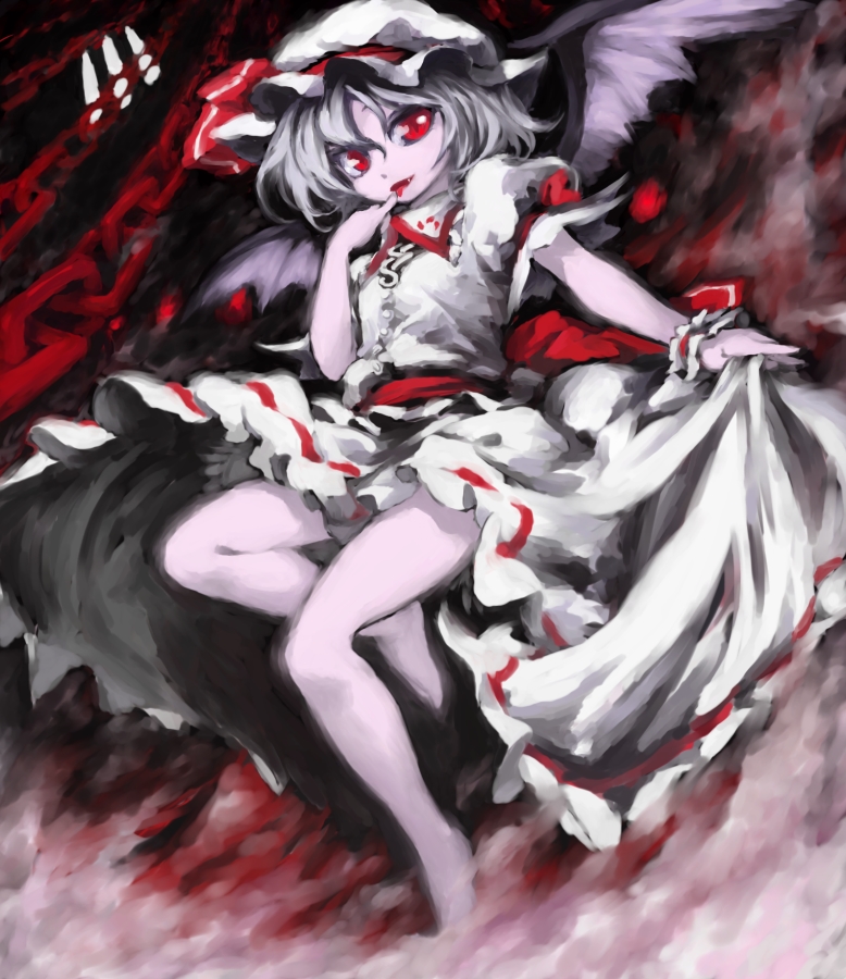 iseki, iseki (kuroshura no tabiji), iseki (otameshi), remilia scarlet, touhou, bad id, bad pixiv id, 1girl, barefoot, bat wings, blue hair, chain, female focus, hat, red eyes, short hair, solo, wings